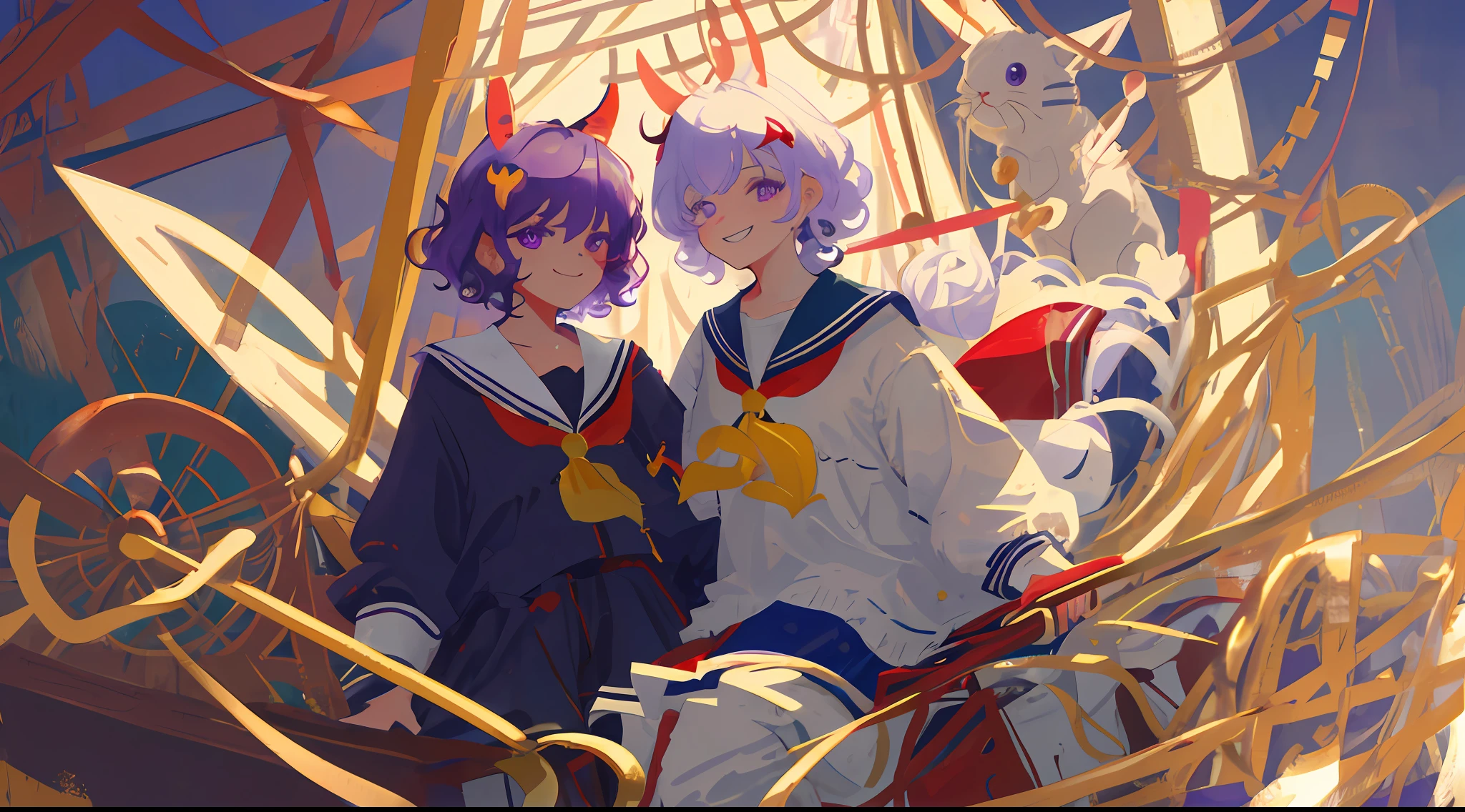pelo rojo corto，Curls，Libido boy，a sailor suit，There are ornaments of a small rabbit on the head，The left eye is purple，The right eye is golden，carousel horses，dream magical，foggy atmosphere，light and shadow effect，eye detailed，detail in face，cheerful grin，Than heart