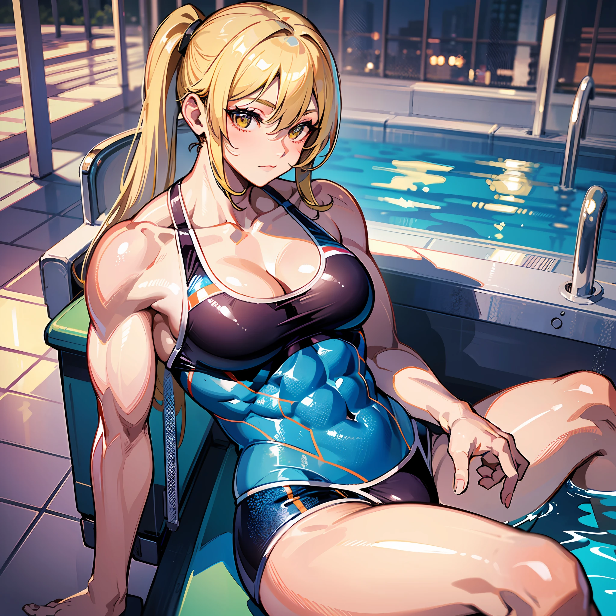 ((​masterpiece))、((Top image quality))、((top-quality))、(((Illustration of one woman)))、(((Muscle Girl)))、full body Esbian、((30-years old))、((neuter))、((Blonde twintails))、Light golden eyes、((Long body))、(((Muscular and strong body)))、(((Muscular and strong body)))、((Split abs))、(((muscular and thick arms)))、(((muscular and thick legs)))、((manspreading))、((Sports Swimwear))、Sitting on a deck chair、in poolside