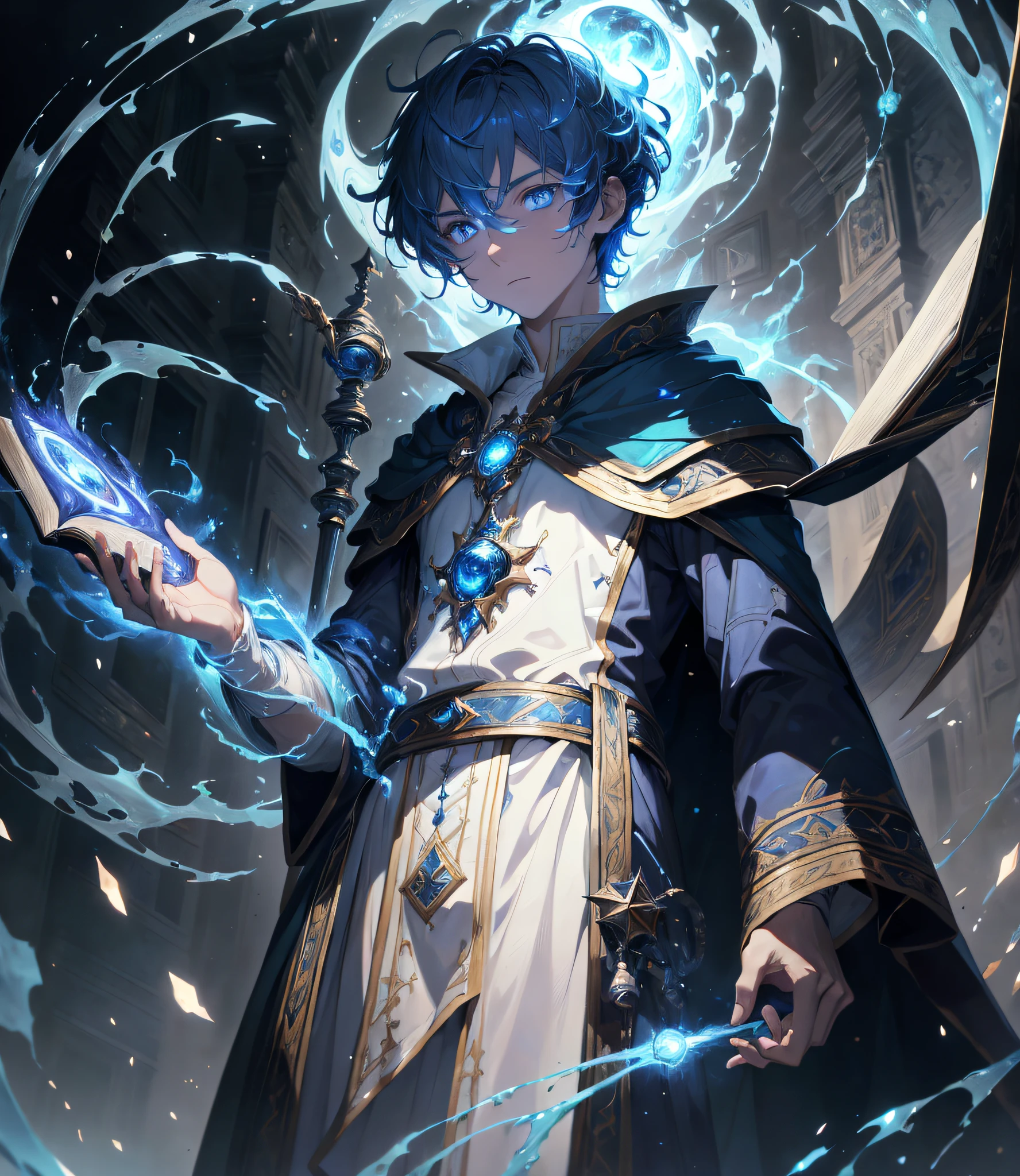 (absurdres, highres, ultra detailed), masterpiece, best quality, a boy with in white outfit, holding book, cape, wizard, solo, handsome, short hair, blue hair, blue eye, glowing eye, glow effect, blue flame, finely eye, detailed face, spark, swirl, magic vortex, isolated land background, from below, look down,