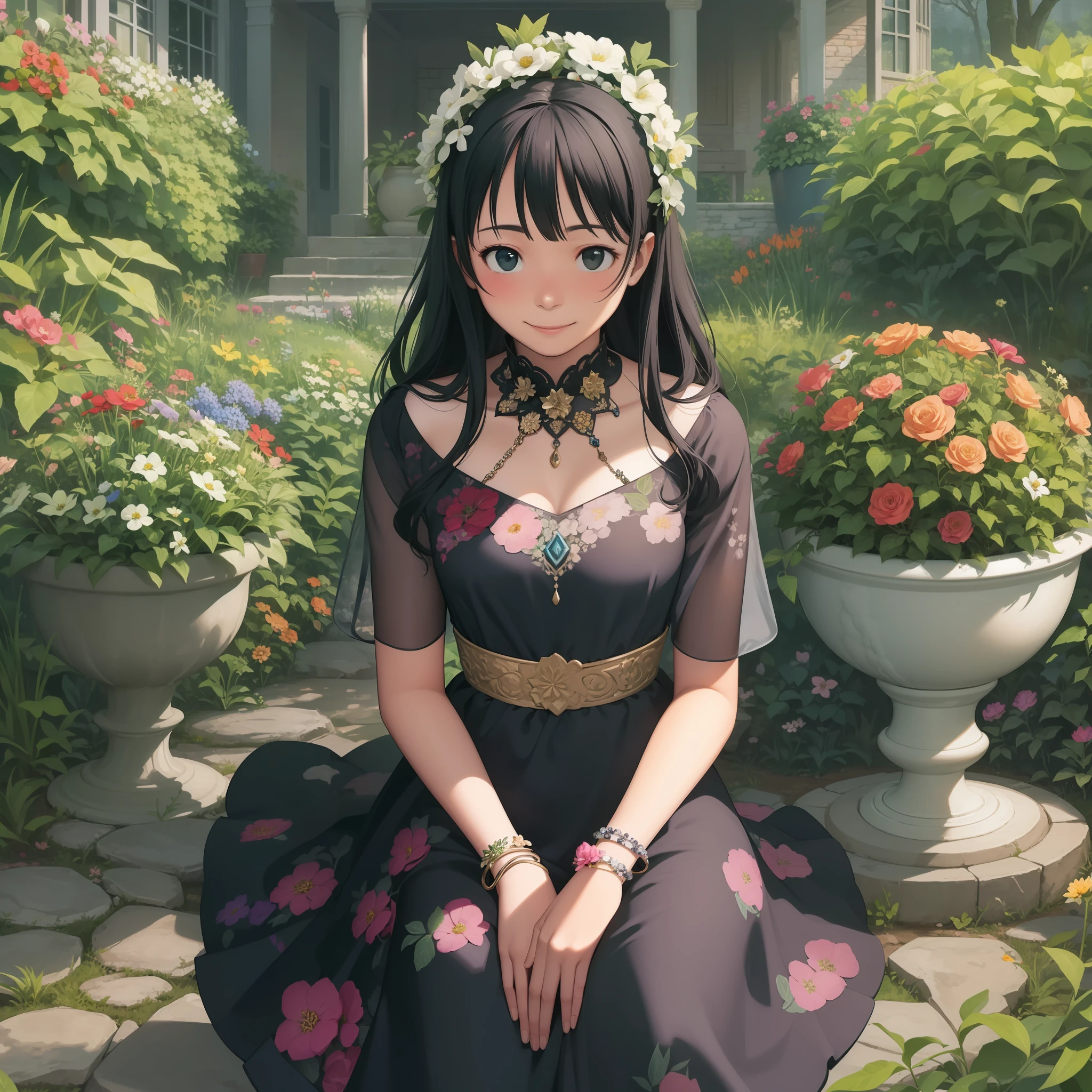 theme:"Utopia Garden" Background with:Beautiful plants and flowers々A fantastic garden full of。Camera Angle:Flowers with beautiful women々Place yourself in、Have a gentle smile。She wears an elegant floral dress、Showing a figure full of harmony of nature。ornament detached:Bracelet with flower and leaf design。