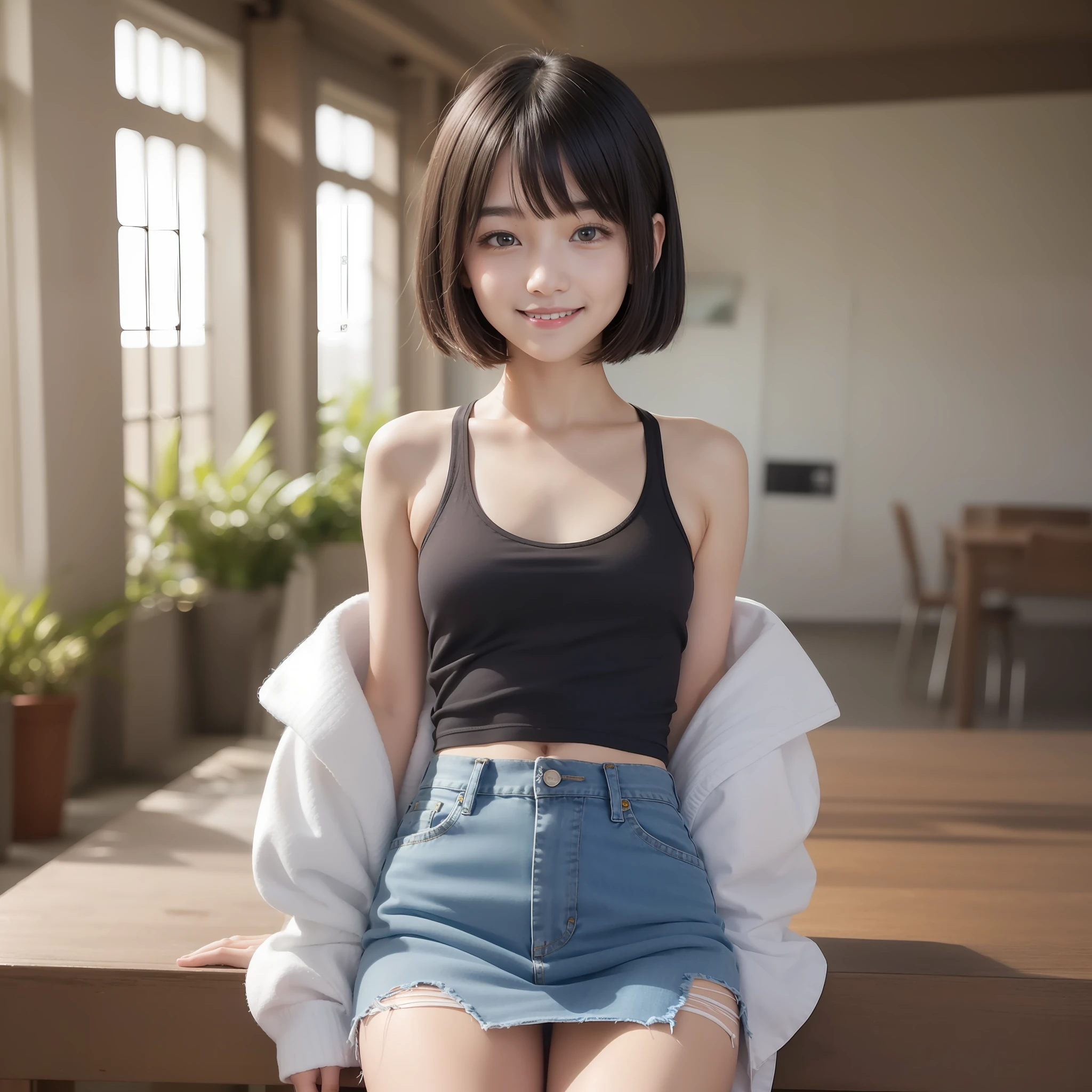 With the best image quality、Teenage girl standing in room。Black Hair Bob Hair、Cute smile.。(((tiny chest)))、White tank top、Denim miniskirt