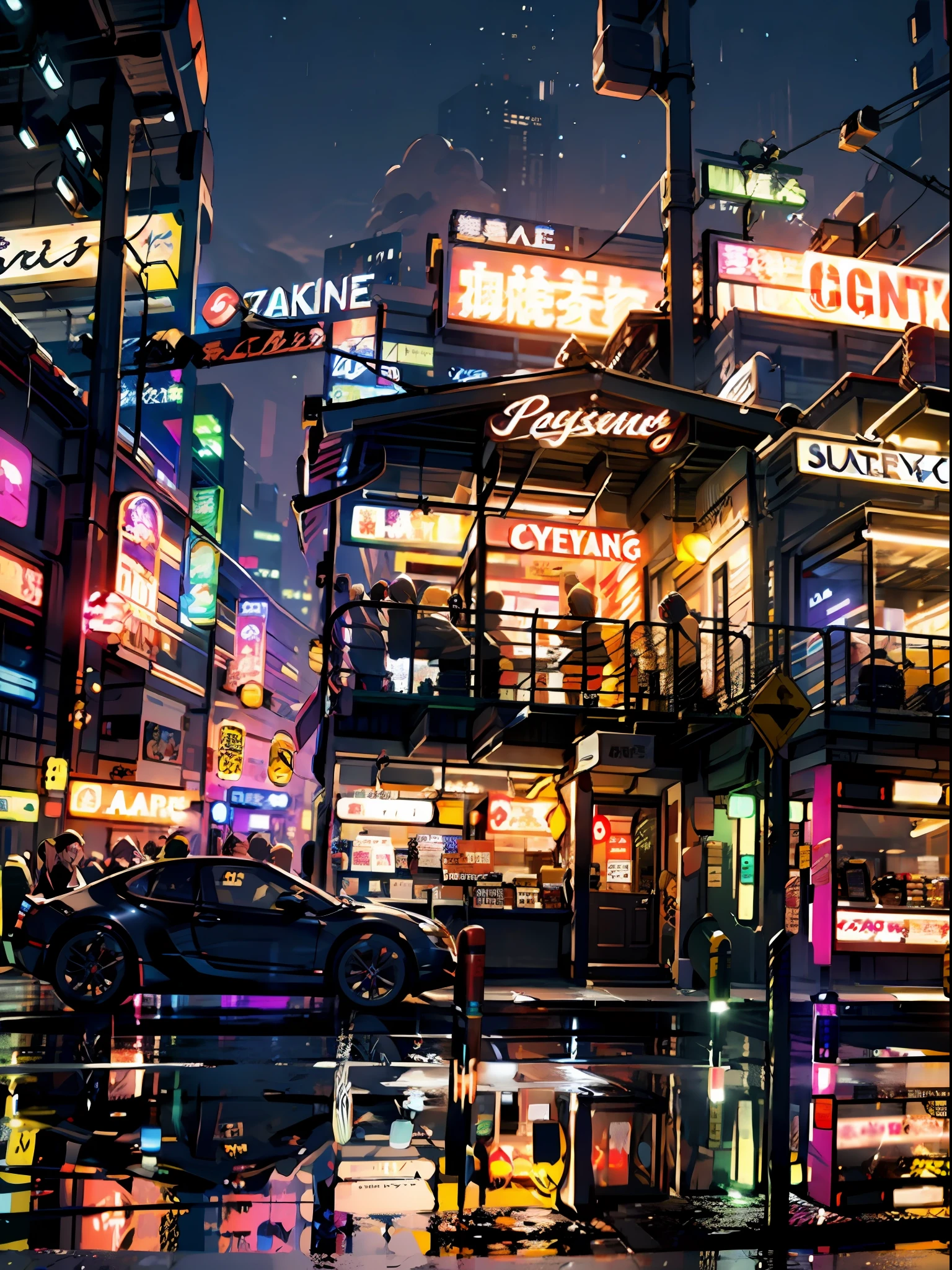 cyber punk perssonage，vape，neonlight，advertising billboard，Convenience stores，bazaars，Bizarre and disorganized，城市，Top angle of view