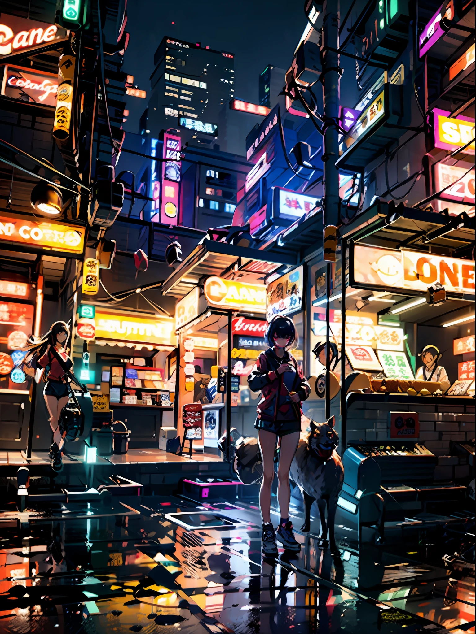 cyber punk perssonage，vape，neonlight，advertising billboard，Convenience stores，bazaars，Bizarre and disorganized，城市，Top angle of view