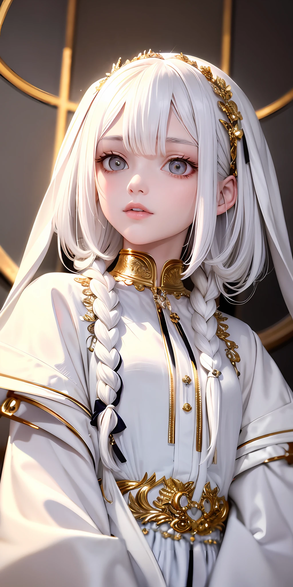 best quality, masterpiece,white hair, gold eyes,white clothes, looking up, upper body,hair strand,Fair skin,side braids