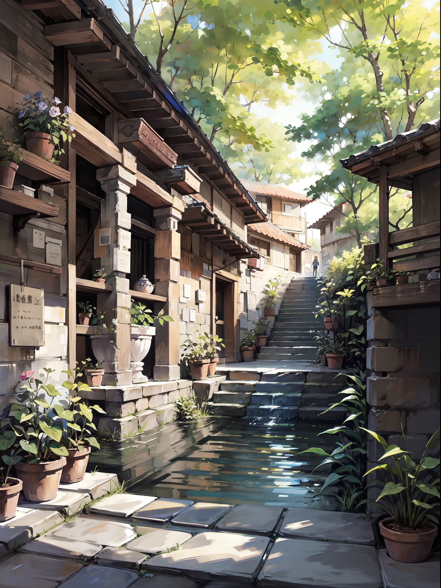Acuarela,tinta,Casas rurales, caminos de piedra azul,Edificio de ladrillo rojo,agua estancada,water bloom,la calle,crepuscular,Rayo de sol, Atardecer Rojizo, Pinturas maestras,16K resolution,ultra fino,Alta calidad,