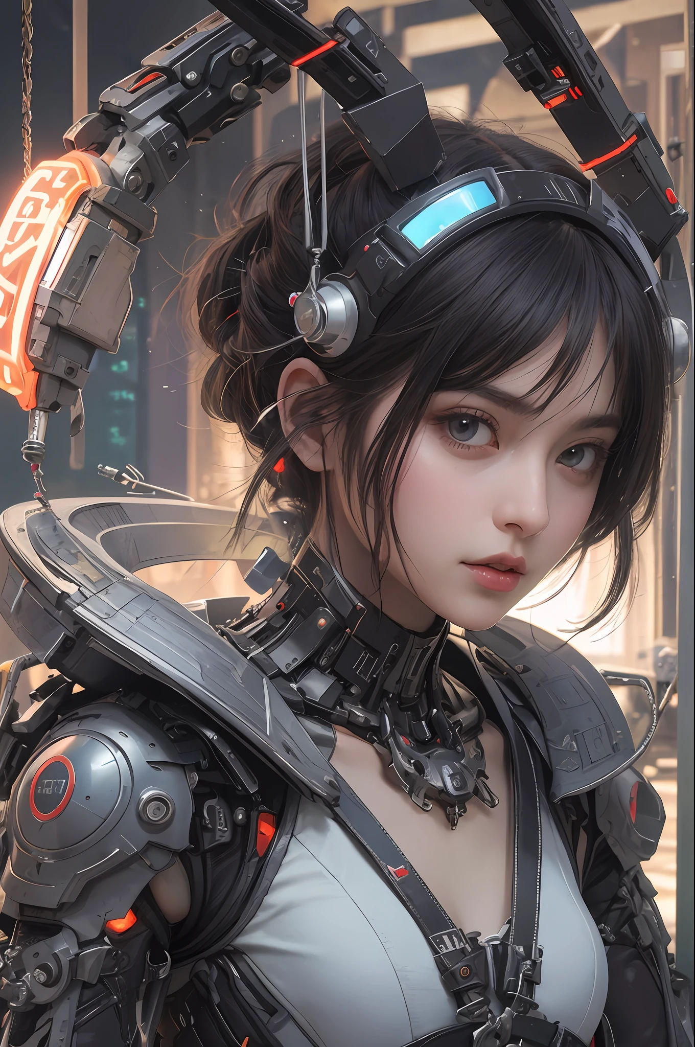 Top Quality, Masterpiece, Ultra High Resolution, (Photorealistic: 1.4), Raw Photo, 1 cyberpunk Girl, Black Hair, Glossy Skin, 1 Mechanical Girl, (Ultra Realistic Detail)), Full body, Global Illumination, Contrast, Shadows, Octane Rendering, 8K, Ultra Sharp, Cleavage Exposed, Raw Skin, Metal, Intricate Ornament Details, Japan Details, Very intricate details, realistic light, CGSoation trend, facing the camera, neon details, mechanical limbs, blood vessels connected to the tube, mechanical vertebrae attached to the back, mechanical cervical attachment to the neck, wires and cables connecting to the head, gundam, small LED lamps.