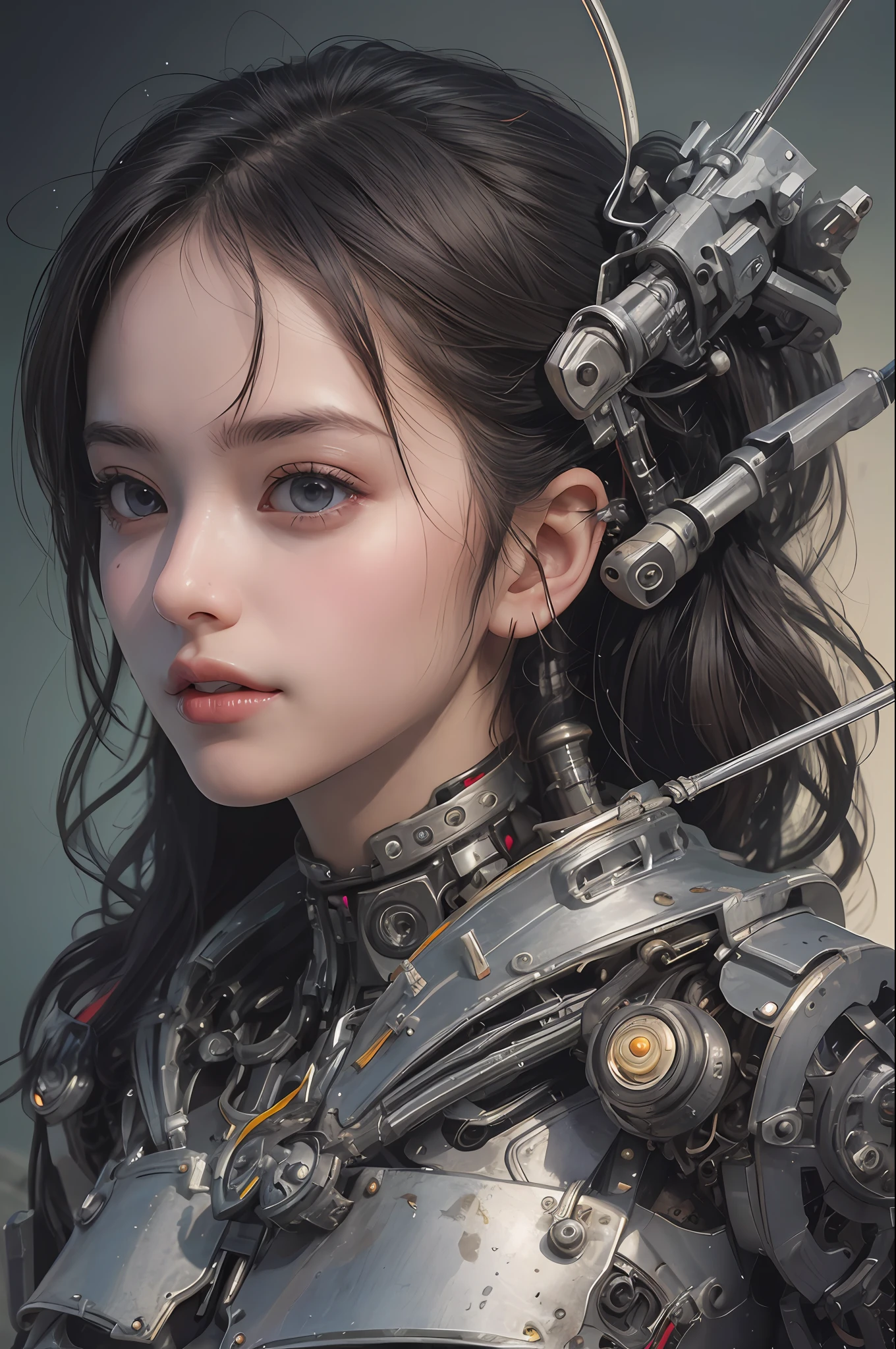 Top Quality, Masterpiece, Ultra High Resolution, (Photorealistic: 1.4), Raw Photo, 1 cyberpunk Girl, Black Hair, Glossy Skin, 1 Mechanical Girl, (Ultra Realistic Detail)), Full body, Global Illumination, Contrast, Shadows, Octane Rendering, 8K, Ultra Sharp, Cleavage Exposed, Raw Skin, Metal, Intricate Ornament Details, Japan Details, Very intricate details, realistic light, CGSoation trend, facing the camera, neon details, mechanical limbs, blood vessels connected to the tube, mechanical vertebrae attached to the back, mechanical cervical attachment to the neck, wires and cables connecting to the head, gundam, small LED lamps.