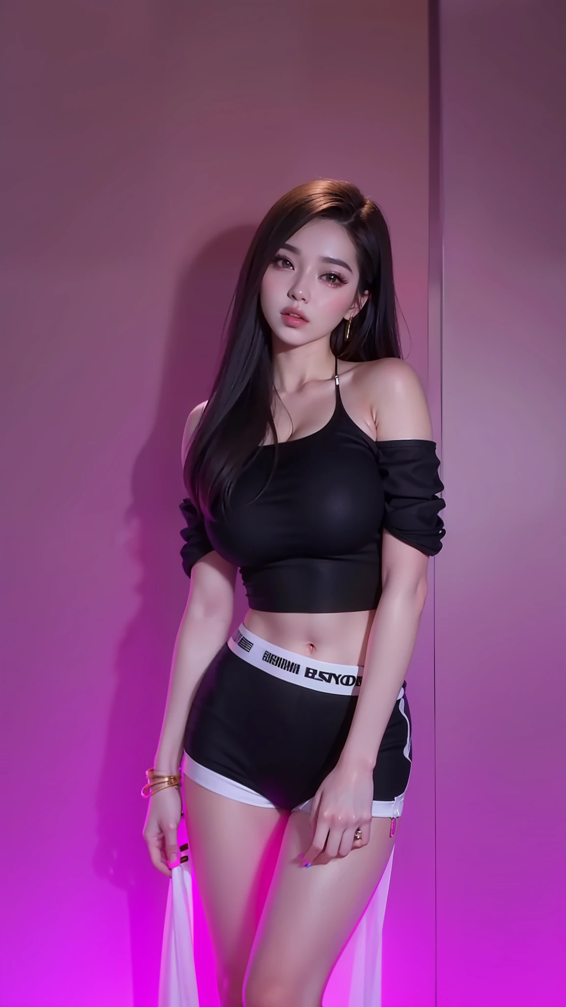 beautiful female k-pop idol, gigantic breasts, huge cleavage, her face is visible, close-up portrait, shot on sony a1, 85mm F/1. 4 ISO 100, medium format, 45 megapixel, studio lighting, softbox, high shutter speed flash photography, award-winning photograph with golden ratio composition, look at viewer