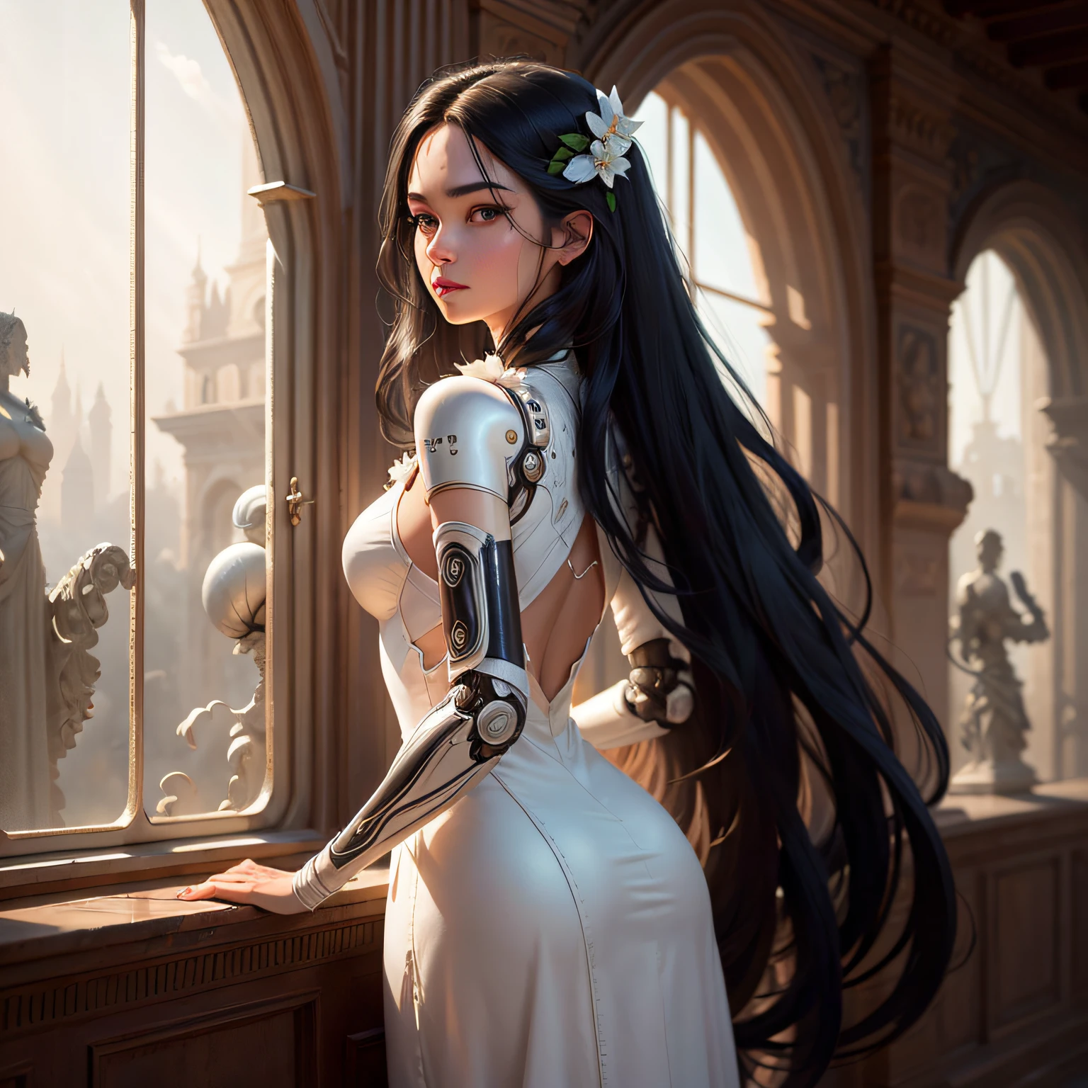 Surrealism, high detail, backlighting, masterpiece, textured skin, super detail, high details, High quality Long black hair A robotic arm White dress --auto