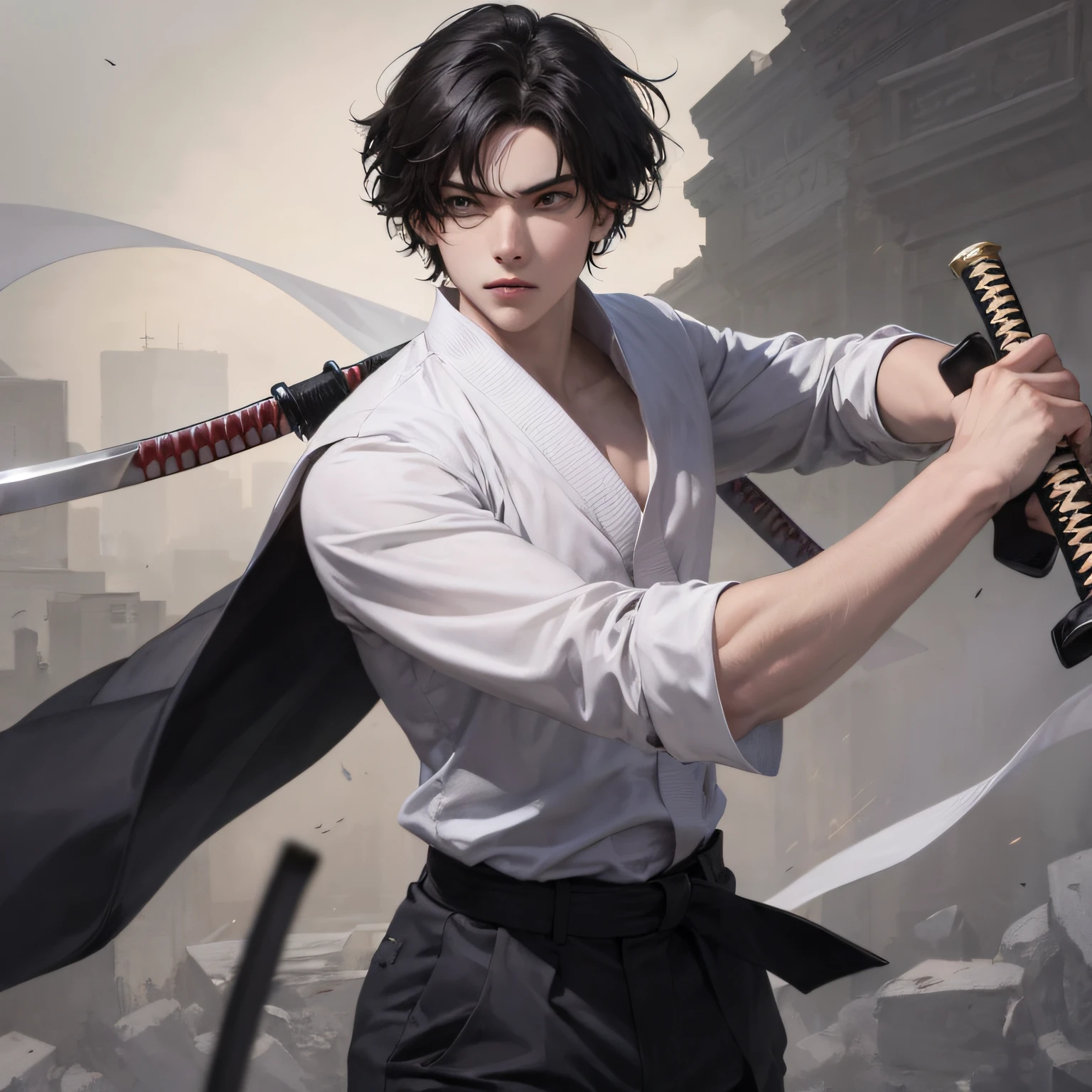 illutst 17 age 177 75 Black hair short hair Cool holding a katana a high school boy martial arts --auto