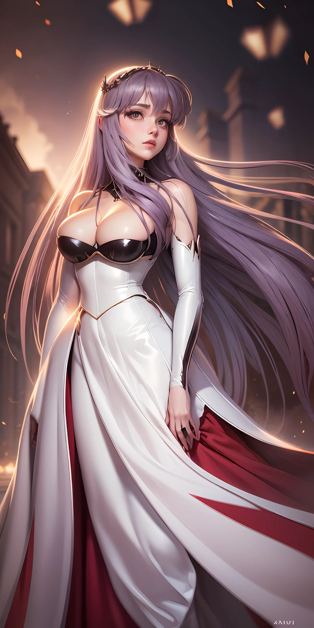 ((Ultra resolution 8K)),Un primer plano de una mujer con un vestido blanco en movimiento  con cabello largo y morado, Ojos morados y vestido blanco, Diosa , Himno del Rey como Princesa, Chica hermosa con pelo largo, Princesa de Amatista, Misato Katsuragi, Princesa bella, La diosa griega Atena