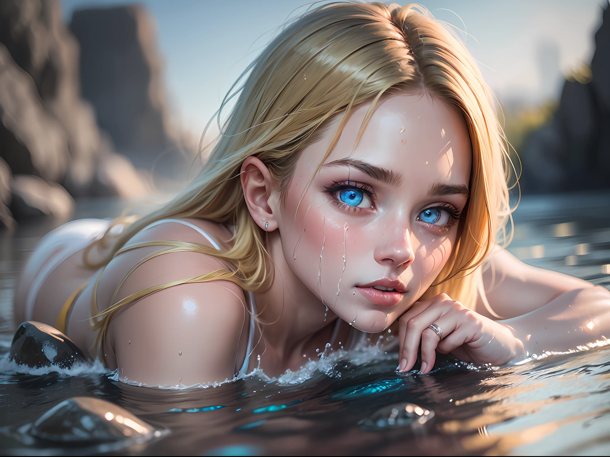 supergirl, white bikini, small bikini, blue eyes, sensual eyes, blonde hair, long hair, (wet skin:1.2), (blonde girl:1.5), (full body:1.2), (face focus:1.2), (realistic:1.2), (lie down on a rock), rock in middle of a lake, (realism:1.2), (masterpiece:1.2), (best quality), (ultra detailed), (8k, intricate), (85mm), light particles, lighting, (highly detailed:1.2), (detailed face:1.2), (gradients), colorful, (detailed eyes:1.5), (detailed background), (dynamic angle:1.2), (dynamic pose:1.2), (rule of third_composition:1.3), (Line of action:1.2), nightlight, solo.