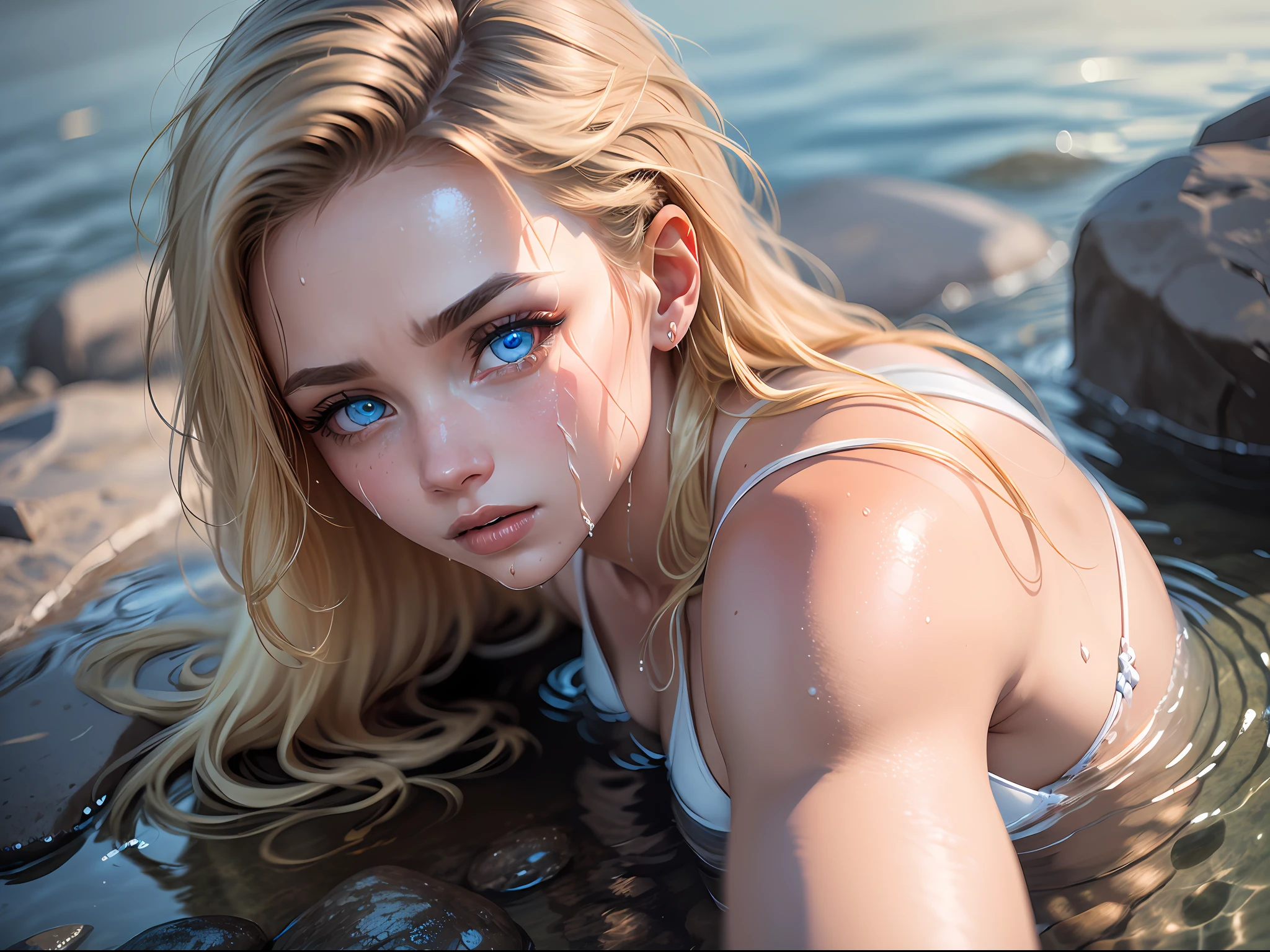 supergirl, white bikini, small bikini, blue eyes, sensual eyes, blonde hair, long hair, (wet skin:1.2), (blonde girl:1.5), (full body:1.2), (face focus:1.2), (realistic:1.2), (lie down on a rock), rock in middle of a lake, (realism:1.2), (masterpiece:1.2), (best quality), (ultra detailed), (8k, intricate), (85mm), light particles, lighting, (highly detailed:1.2), (detailed face:1.2), (gradients), colorful, (detailed eyes:1.5), (detailed background), (dynamic angle:1.2), (dynamic pose:1.2), (rule of third_composition:1.3), (Line of action:1.2), nightlight, solo.