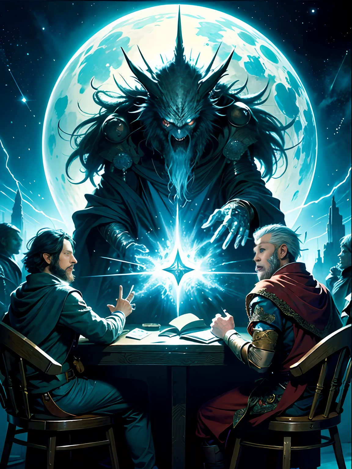 official art, unity 8k wallpaper, ultra detailed, beautiful and aesthetic, High quality, beautiful, masterpiece, best quality, 1man, multiple people, a dark wizard playing dungeons and dragons with friends, excited, funny