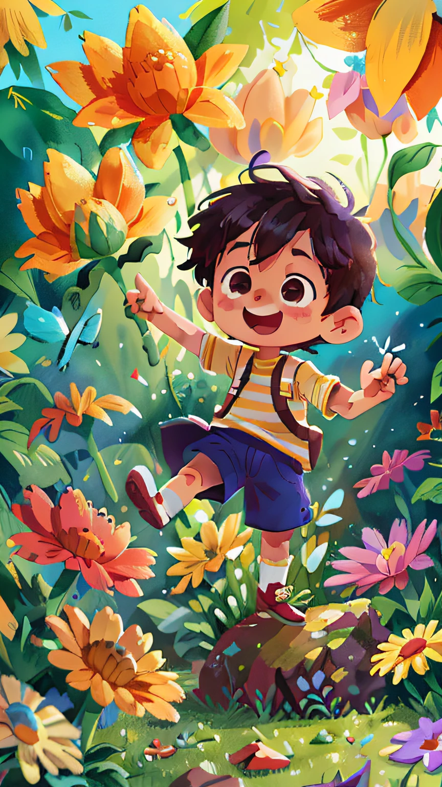 Poster making, Children's Day, in the garden, a  boy holding flowers, flowers floating in the air, happy, jumping, happy --v 6