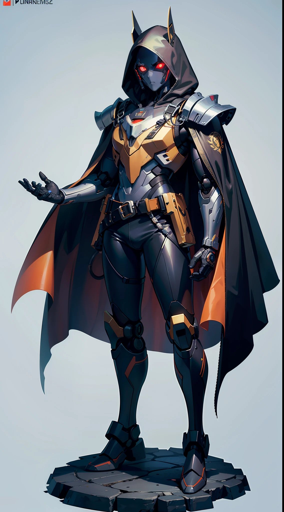 robot,mecha,solo,white background,no humans,standing,science fiction,open hands,simple background,glowing,full body,cable,1boy,shoulder armor,pauldrons,hood up,male focus,simple background,cape,robot,crack,glowing eyes,red eyes,fantasy,1other,belt,Best quality,original painting,original,best quality,high resolution,clear,realistic,extreme,masterpiece,CG,wallpaper,official image,CG,ZBrush,super high resolution,8k,Unreal Engine,