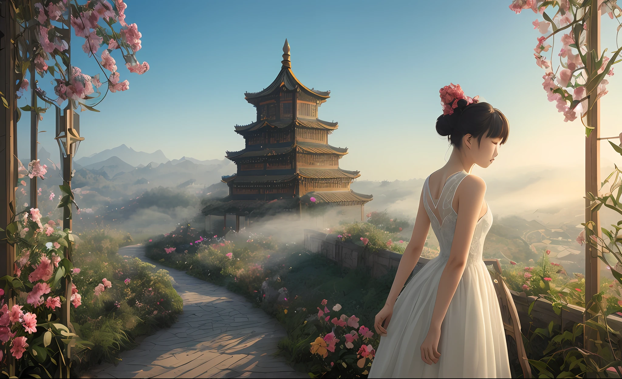 RAW，tmasterpiece，ultra fine photos，，best qualtiy，超高分辨率，photorealestic，rays of sunshine，Detailed and complex busy background，untidy，opulent，tack sharp focus，volume fog，8k uhd，high qulity，filmgrain，photo-realism，lomography，China-style，A fairy-like backdrop，Small characters
