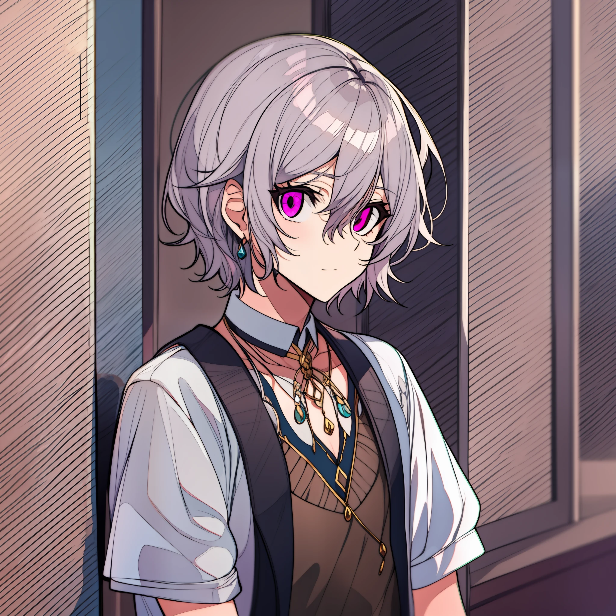 Feminine teenage male with grey hair and pink eyes, hair that goes down to their neck, cute, wearing feminine clothes