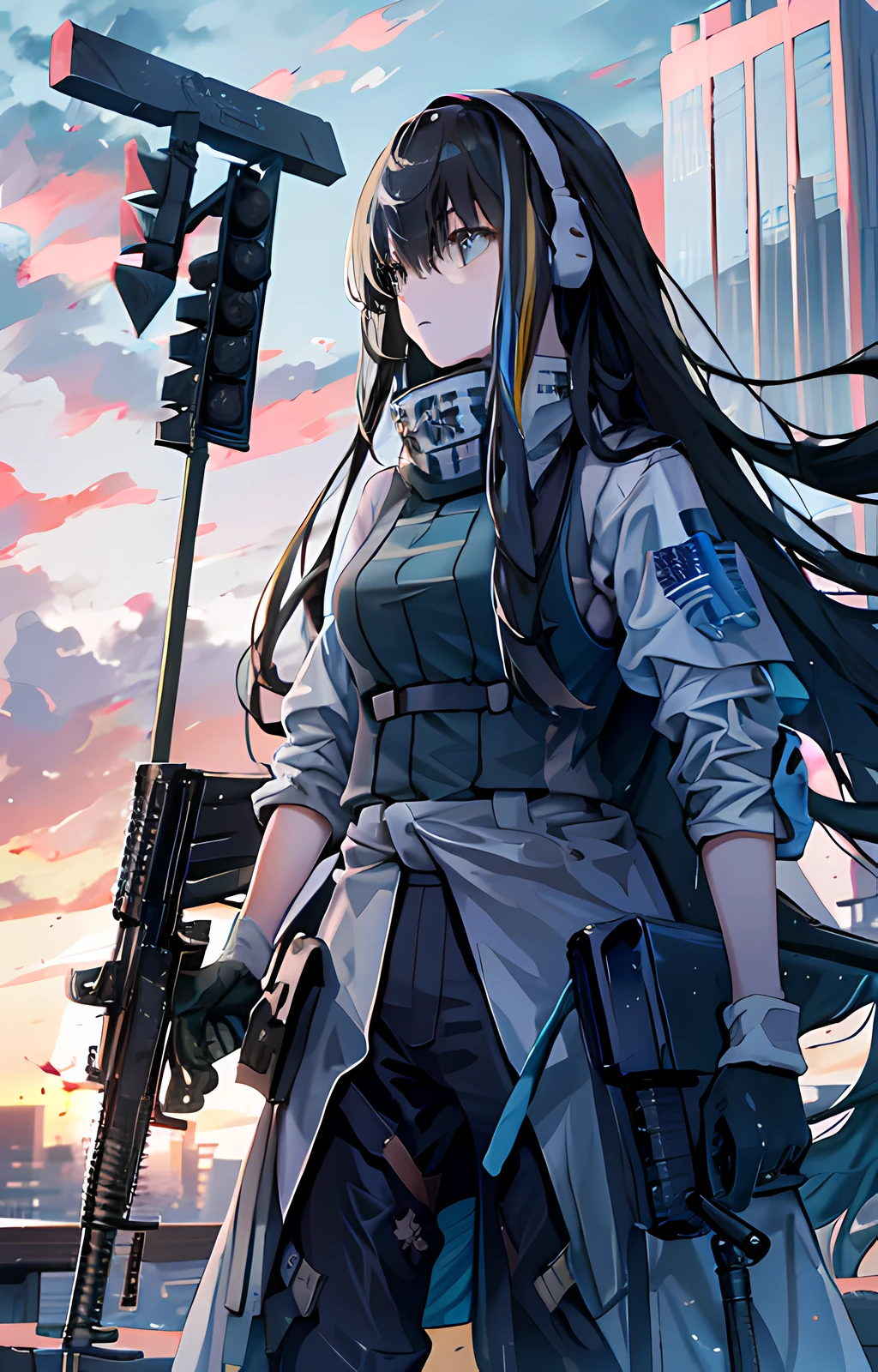 1 girl,masterpiece,best quality, lens flare, depth of field, (close-up:1.3), (wide shot, fisheye:0.85), facefocus, 1girl ,standing, ((light blue long hair), uniform, (holding weapon, holding rifle,aiming,aim:1.2), gun, h&k hk416, carbine, open fire, firing, sunny,blue sky,cloudy sky,city,street,road sign, skyscraper,