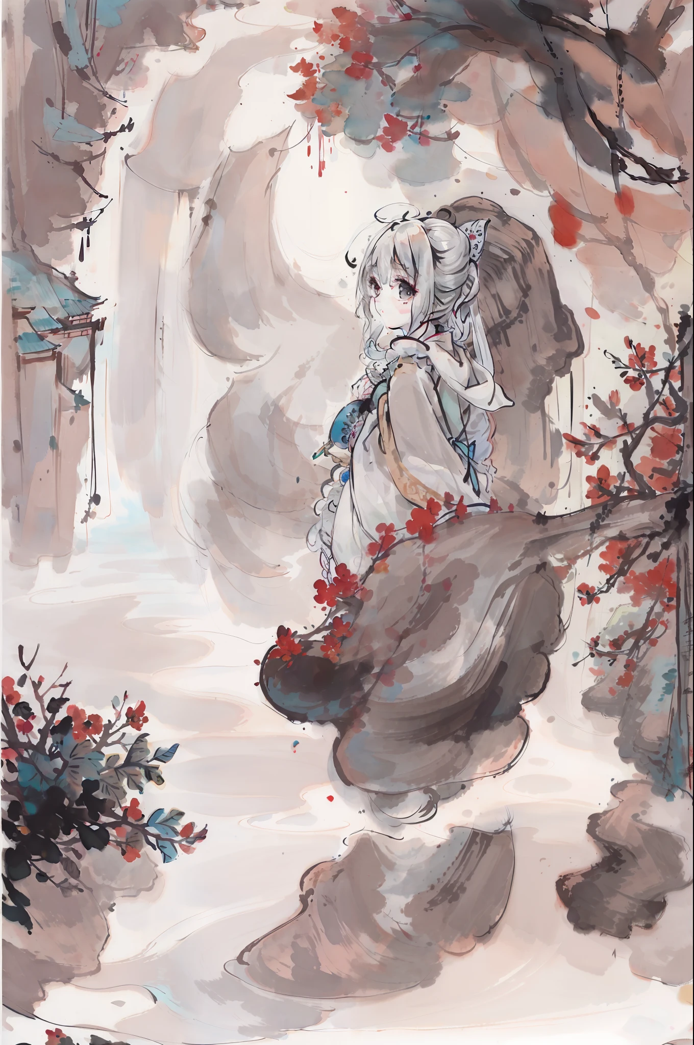(tmasterpiece,top-quality,offcial art:1.2),(Mono Color:1.5),(a color),looking at viewert,1girll,独奏,white backgrounid,Floating colored water,(2D:1.5)Traditional landscape painting in the background,ink and watercolor painting,