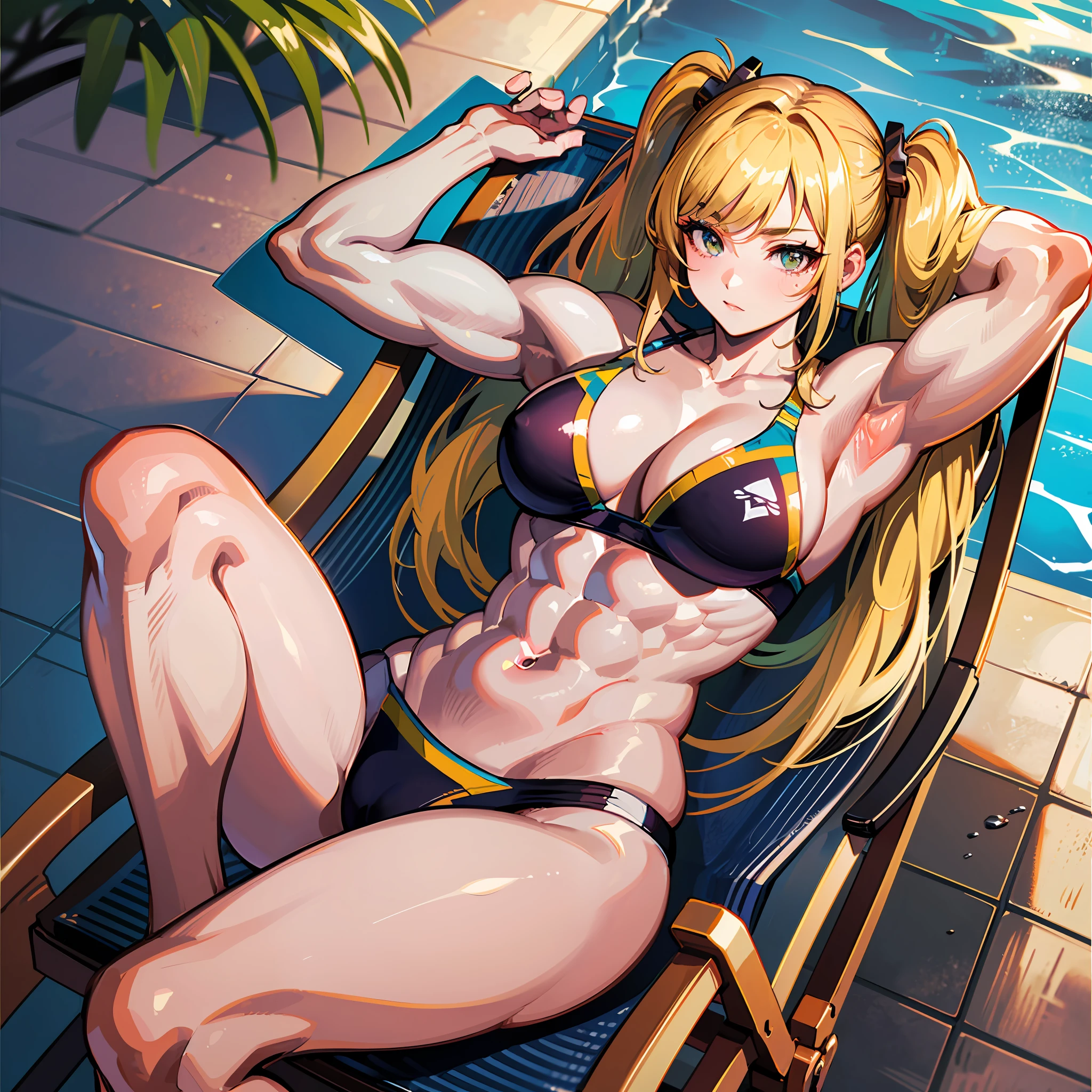 ((masterpiece))、((Top image quality))、((top-quality))、(((Illustration of one woman)))、(((Muscle Girl)))、full bodyesbian、((30-years old))、((neuter))、((Blonde twintails))、Light golden eyes、((Long body))、(((Muscular and strong body)))、(((Muscular and strong body)))、((Split abs))、(((muscular and thick arms)))、(((muscular and thick legs)))、((manspreading))、((Sports Swimwear))、Sitting on a deck chair、in poolside
