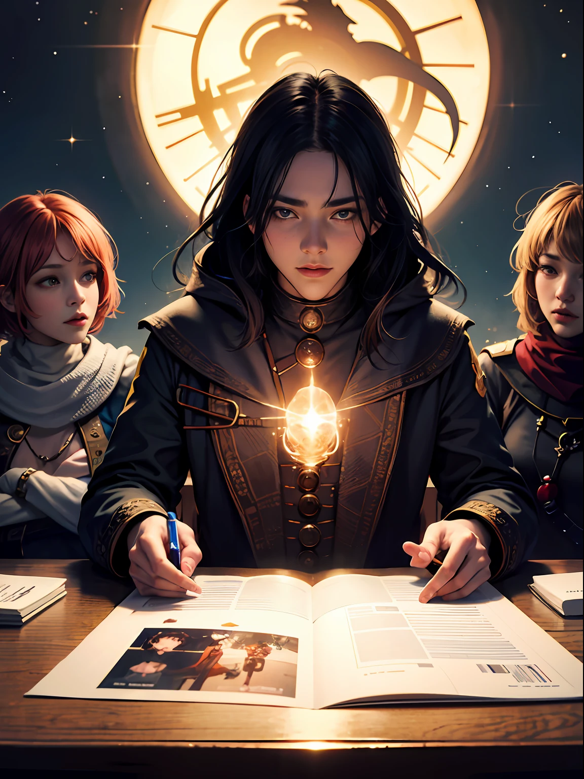 official art, unity 8k wallpaper, ultra detailed, beautiful and aesthetic, High quality, beautiful, masterpiece, best quality, 1man, multiple people, a dark wizard playing dungeons and dragons with friends, excited, funny