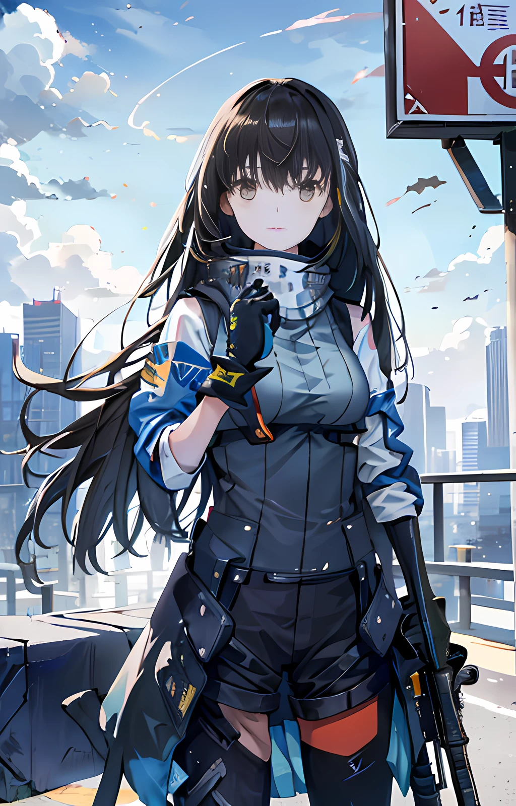 1 girl,masterpiece,best quality, lens flare, depth of field, (close-up:1.3), (wide shot, fisheye:0.85), facefocus, 1girl ,standing, ((light blue long hair), uniform, (holding weapon, holding rifle,aiming,aim:1.2), gun, h&k hk416, carbine, open fire, firing, sunny,blue sky,cloudy sky,city,street,road sign, skyscraper,