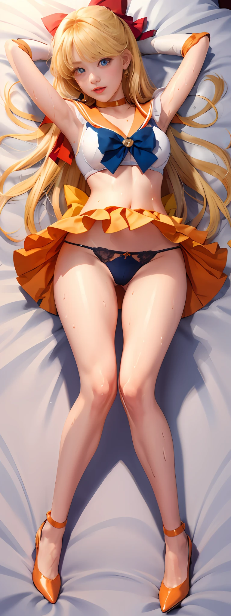tmasterpiece，best qualtiy，A high resolution，venus1，1girll，独奏，Sailor warrior uniform，Sailor Venus，Minako Aino，blond hairbl，magical ，eBlue eyes，orangeskirt，gloves on the elbow，head gear，pleatedskirt，Bow knot，Orange sailor collar，mini-skirts，Superskirt，choker necklace，Red bow，Orange necklace，whitegloves，Extra-long hair，jewelry，耳Nipple Ring，Lie down in bed， legs separated, camel-toe，Place your hands behind your head, Black panty， Orange high heels， long leges， Lace lingerie panties，a wet body，Sweat profusely，Water on the inner thighs，Openwork panties，Red transparent bra，It's all sweat，No shirt，Wet legs，Panties are very small，Pubic hair is exposed，Pubic hair exposed