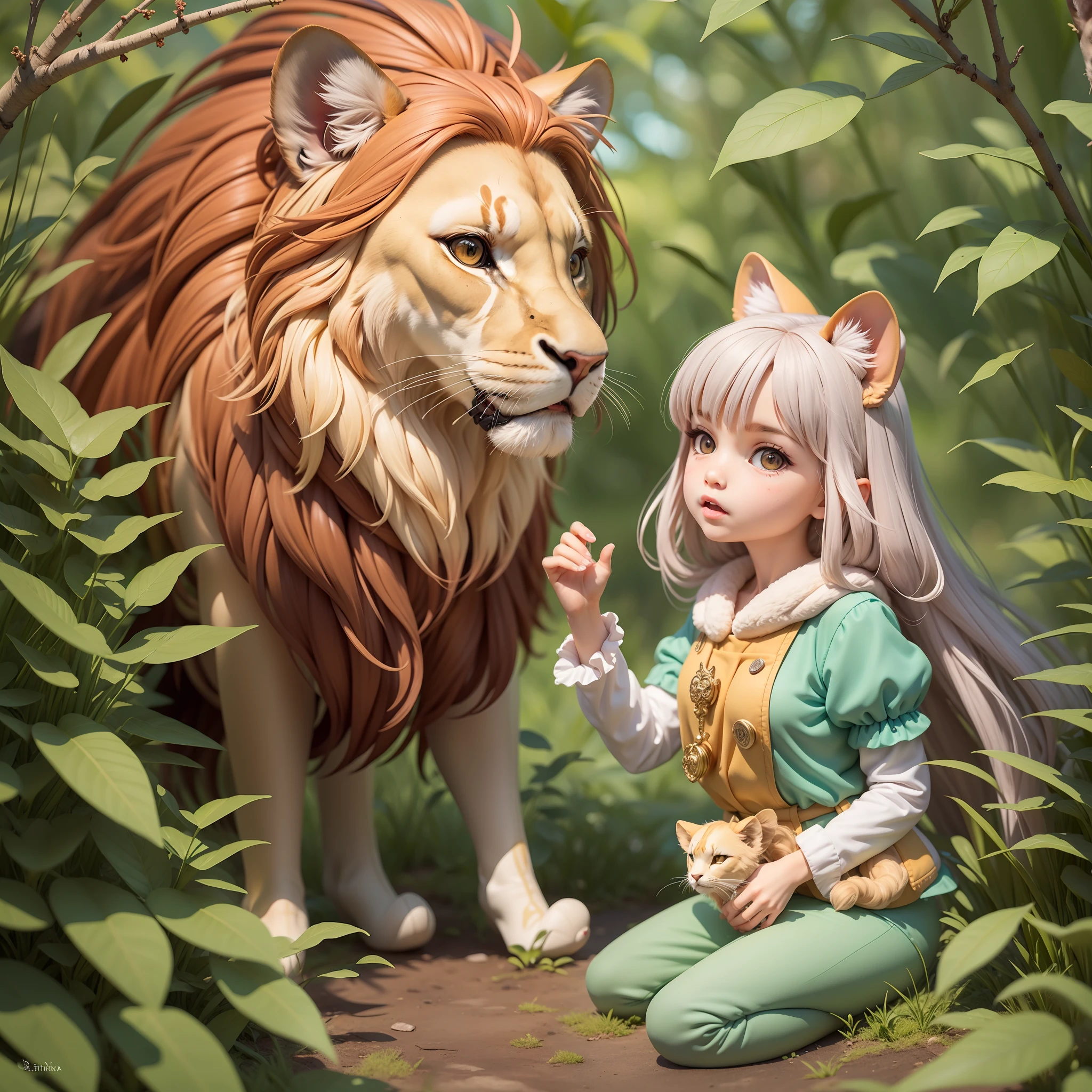 Create a captivating illustration of the Lion Sharing engaging with the girl in the story in a magical encounter. the Lion, com sua majestosa juba e olhos gentis, is shown sitting next to the girl, forming an unexpected bond of friendship. They are surrounded by a charming forest full of extravagant creatures and lush vegetation. Use Beatrix Potter's delicate and detailed style to bring this extraordinary connection to life, with intricate patterns on the lion's skin and expressive features on the girl's face. Let the illustration capture the essence of compassion, generosidade, e a beleza de amizades inesperadas, evoking the same sense of wonder and warmth found in Beatrix Potter's beloved stories."