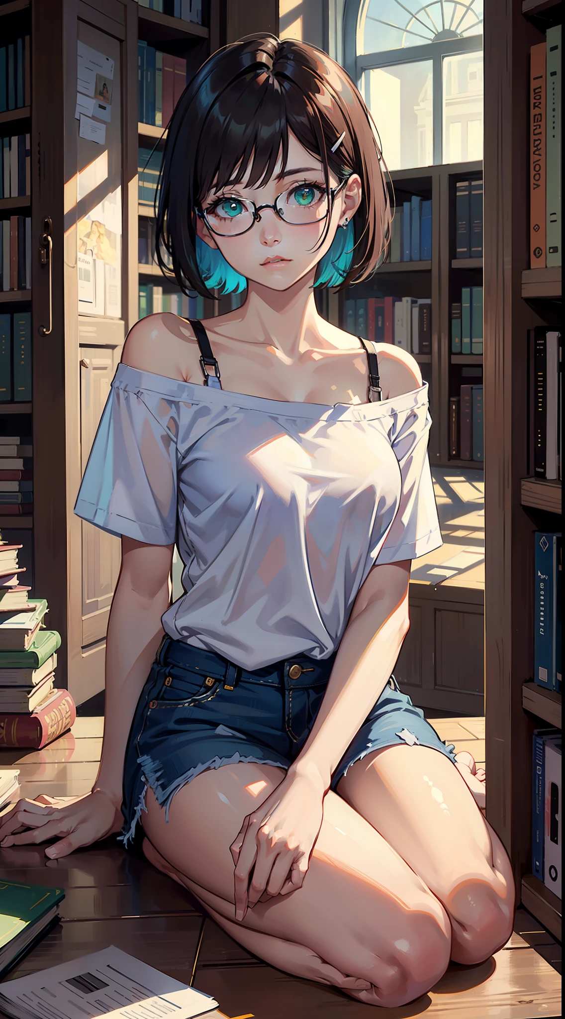 (original), (masterpiece) , (best quality) , (reality:1.3) , photorealistic, Octane rendering, (surreal:1.2) , perfect features,1 girl, colorful,translucent hair, (glowing inner hair),the perfect appearance,brown hair,green eyes,expressionless,sit,book on hand,glasses,short hair,(In the library),looking at viewer,White T-shirt,hairpin,Focus on people,barefoot,bare Shoulder