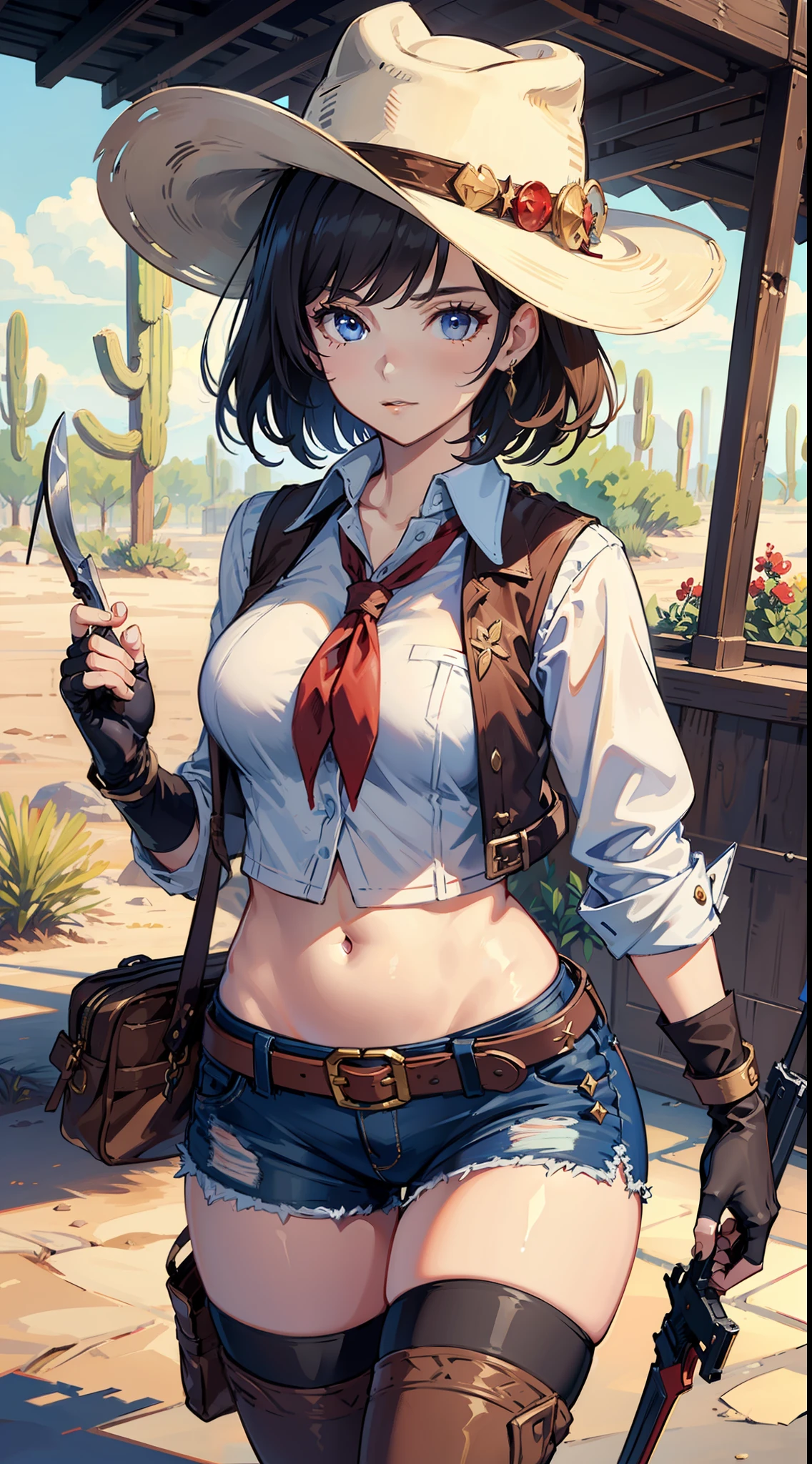 (((((solo))))),(((((masterpiece))))), (((((best quality))))),(((((highly detailed))))),finely detail,Depth of field,detailed clothes, ((cygames)), highres,
1girl, bangs, (beautiful detailed face:1.3), collarbone, brown vest ,collared shirt, blue eyes, golden hair, cleavage, ((cowboy)), (cowboy hat:1.3), fingerless gloves, gloves, hair intakes, hat, medium breasts, navel, neckerchief, red neckerchief, revolver, short hair, short shorts, shorts, thick thighs, thighs, weapon, multiple belts ,cowboy western, ((desert))