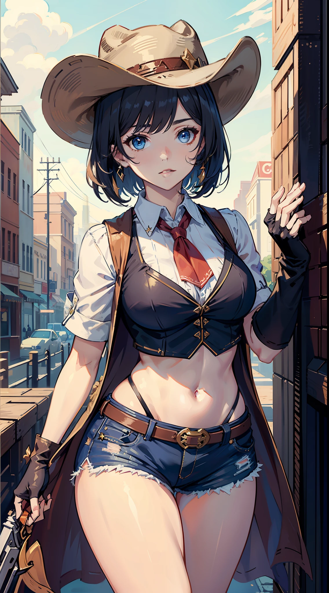 (((((solo))))),(((((masterpiece))))), (((((best quality))))),(((((highly detailed))))),finely detail,Depth of field,detailed clothes, ((cygames)), highres,
1girl, bangs, (beautiful detailed face:1.3), collarbone, brown vest ,collared shirt, blue eyes, golden hair, cleavage, ((cowboy)), (cowboy hat:1.3), fingerless gloves, gloves, hair intakes, hat, medium breasts, navel, neckerchief, red neckerchief, revolver, short hair, short shorts, shorts, thick thighs, thighs, weapon, multiple belts ,cowboy western, ((desert))