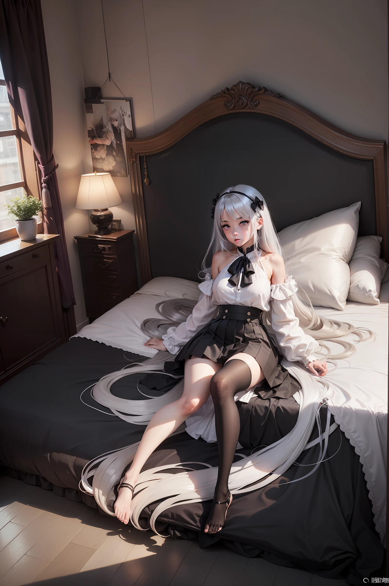 Female silver hair,hair straight ，long whitr hair， Purple eyes, Slim figure, White tight-fitting top, Short black pleated skirt, Siamese white silk, Soft face lines, Blushing, Tie-up to the bed with a rope, Anime characters are tied with ropes ，quadratic element，High- sharpness，4K white top，a black pleated skirt