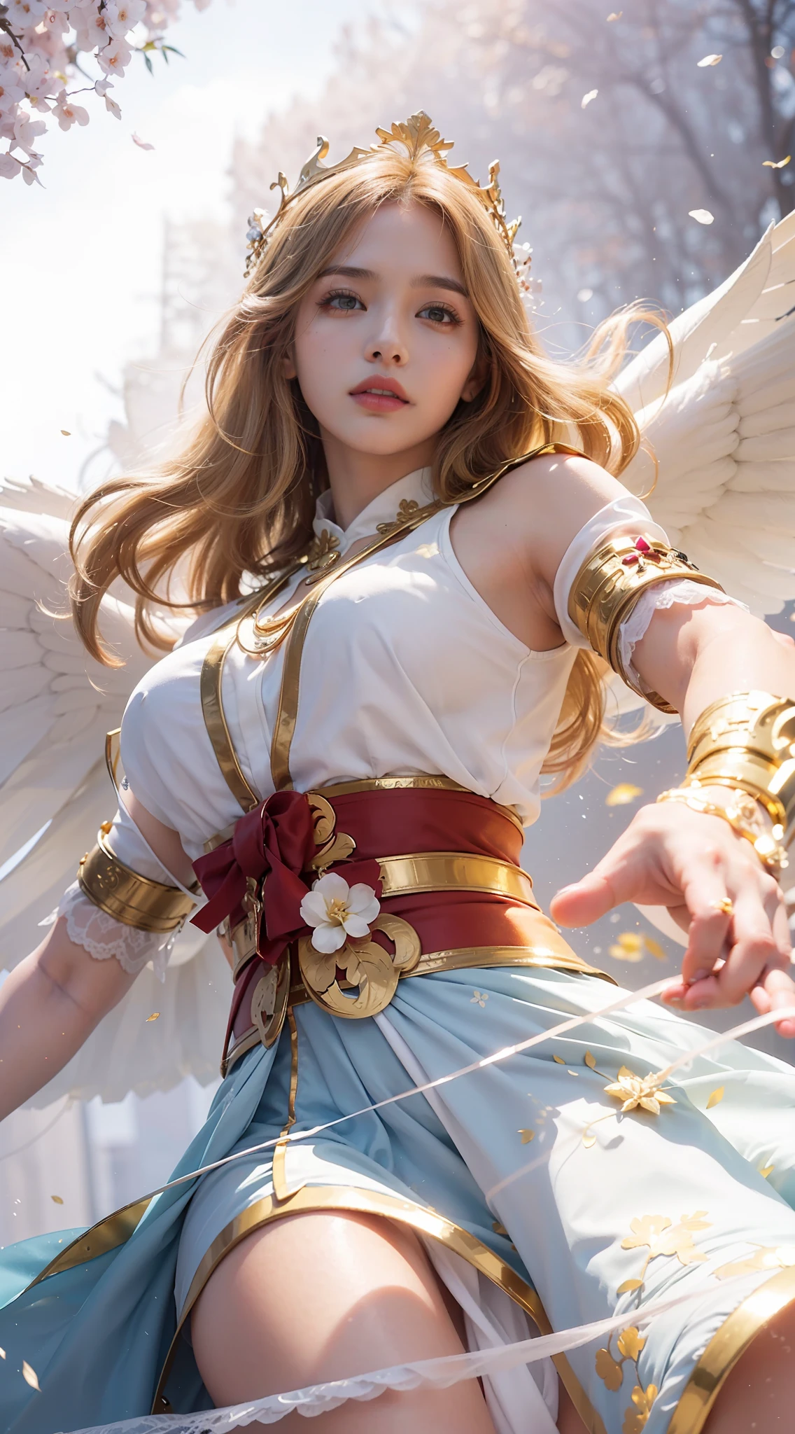 1girl, solo, game character, beautiful girl, extremely beautiful, ridiculously beautiful, masterpiece, top quality, blonde hair, white dress, angelic, crown, japanese umbrella, dramatic light, ((realistic, hyper realistic, super detail, detailed clothes texture, detailed body shape, detailed skin texture, detailed background, detailed face))