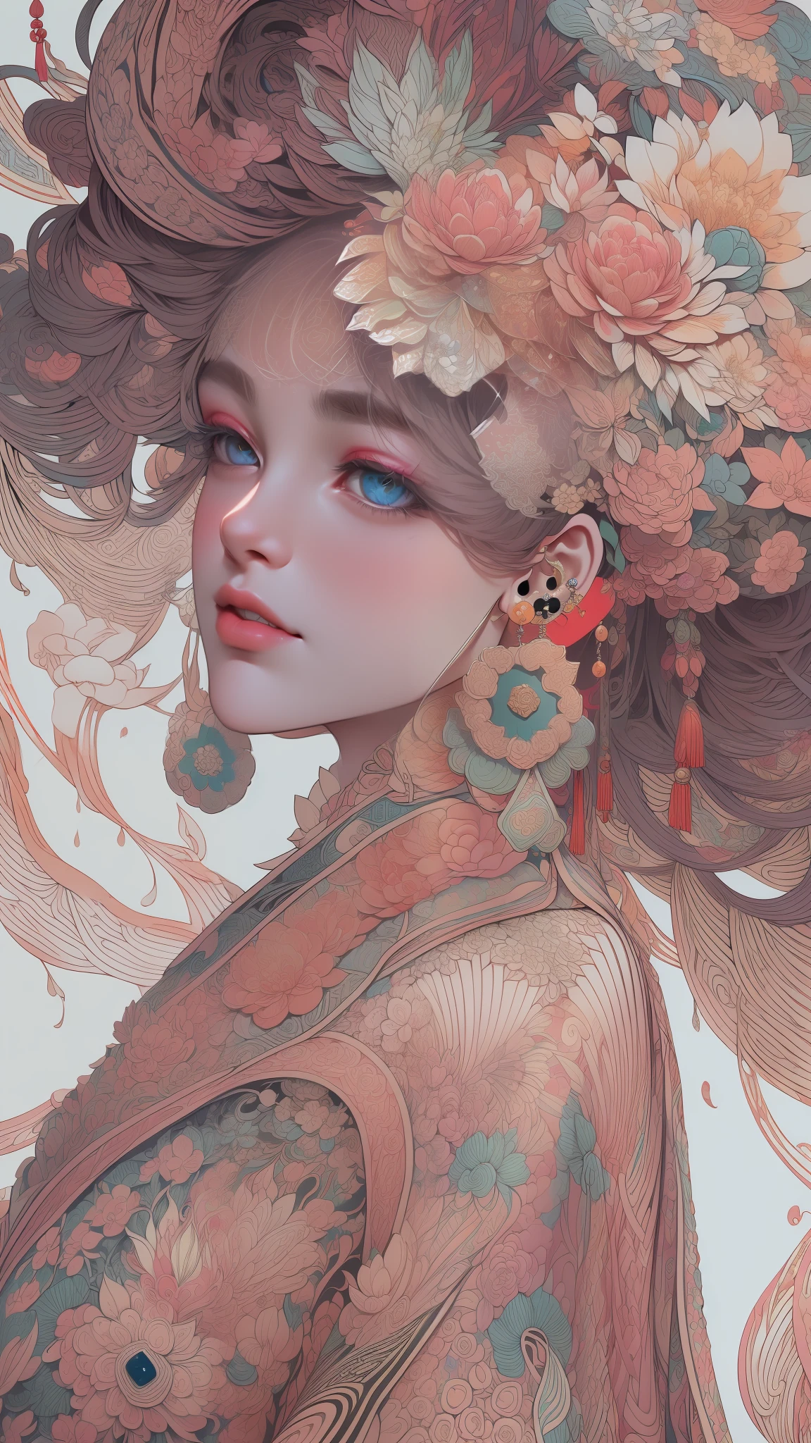 (masterpiece, top quality, best quality, official art, beautiful and aesthetic:1.2), (1girl:1.3), extremely detailed,(fractal art:1.1),(colorful:1.1)(flowers:1.3),highest detailed,(zentangle:1.2), (dynamic pose), (abstract background:1.3), (chinese Traditional cloth:1.2), (shiny skin), (many colors:1.4), ,(earrings:1.4),