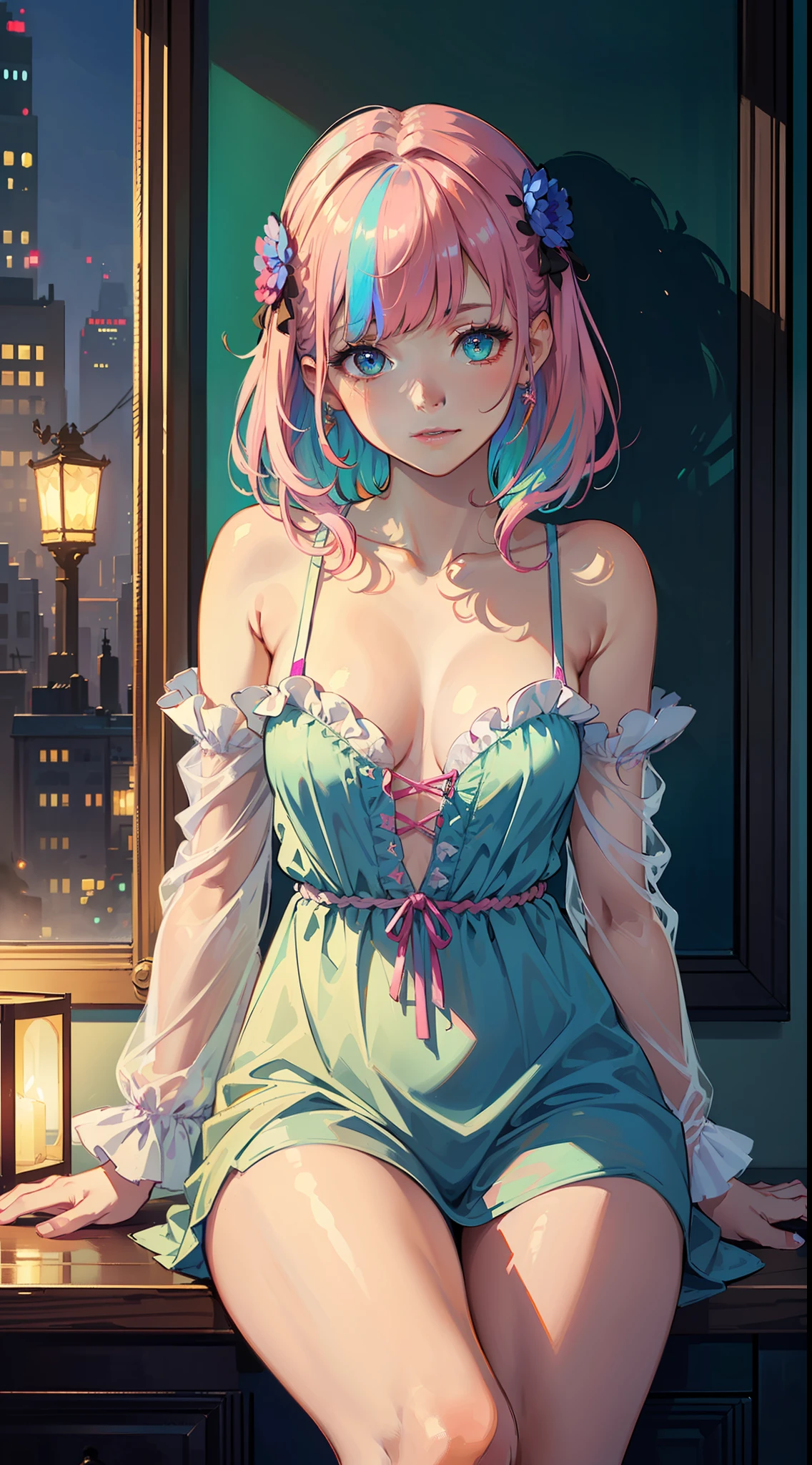 art by Cornflower, dreamy (pilyeon, masterpiece, best quality, (extremely detailed CG unity 8k wallpaper, masterpiece, best quality, ultra-detailed, best shadow),(iridescent hair:1.4), (detailed background), (beautiful detailed face, beautiful detailed eyes), braided hair one side, hair ornament, High contrast, (best illumination, an extremely delicate and beautiful),(girl:1.5),(( pink hair woman nightgown painting volegov carl larsson)), ((caustic, seductive, sexy, charming)),((sitting looking far through windows)), dynamic angle,nobility, elegant, beautiful detailed glow,upper thigh, cowboy shot, narrow waist, wide hips, large breasts), cornflower,1girl,snowing,best quality, masterpiece, finely detail, highres,,sitting, full body, art by Cornflower, dreamy,medium breasts,  beautiful detailed eyes,aqua eyes,cute face,,revealing dress, medium hair,  hair over shoulder, streaked hair, colored inner hair, multicolored hair,gradient hair,, 1girl, smile, (((small breast))), (((bokeh))),depth of field,  cute face, looking at the viewer, masterpiece, modelshoot style, cleavage, full body portrait, sexy pose, ((8k, RAW photo, highest quality, masterpiece), High detail RAW color photo professional  photo,  (realistic, photo realism:1. 37), (highest quality), (best shadow), (best illustration),  ultra high resolution, highly detailed CG unified 8K wallpapers, physics-based rendering, cinematic lighting),