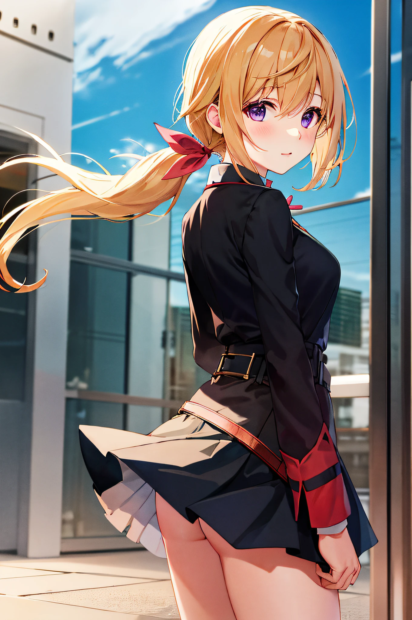 ​masterpiece, top-quality, hight resolution, SD1, Charlotte Dunoy, poneyTail, student clothes, skirt by the, Hair Ribbon, a belt, long-sleeve, cowboy  shot,Panchira、sexy for,Underwear is visible、The wind is blowing、Fold your hands behind your back