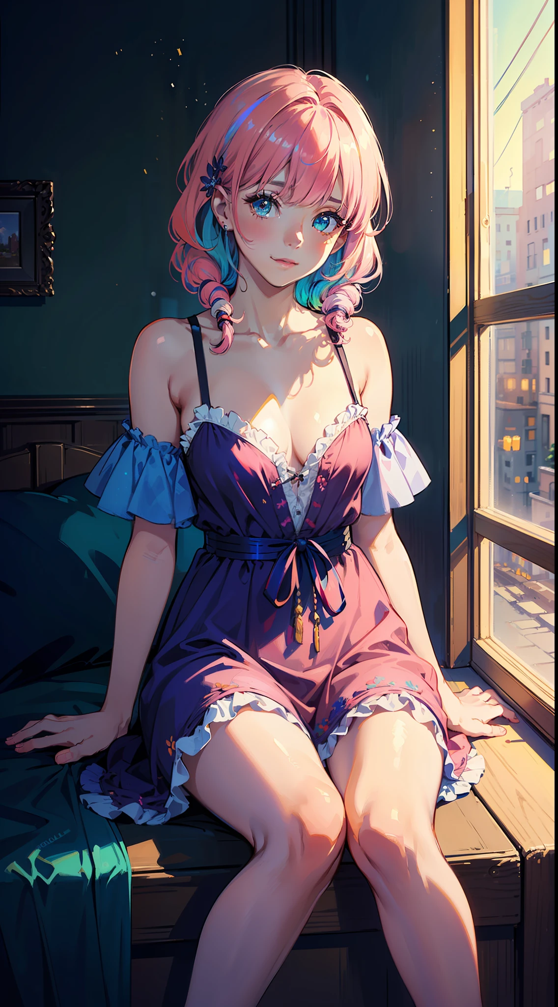 art by Cornflower, dreamy (pilyeon, masterpiece, best quality, (extremely detailed CG unity 8k wallpaper, masterpiece, best quality, ultra-detailed, best shadow),(iridescent hair:1.4), (detailed background), (beautiful detailed face, beautiful detailed eyes), braided hair one side, hair ornament, High contrast, (best illumination, an extremely delicate and beautiful),(girl:1.5),(( pink hair woman nightgown painting volegov carl larsson)), ((caustic, , , charming)),((sitting looking far through windows)), dynamic angle,nobility, elegant, beautiful detailed glow,upper thigh, cowboy shot, narrow waist, wide , ), cornflower,1girl,snowing,best quality, masterpiece, finely detail, highres,,sitting, full body, art by Cornflower, dreamy,medium ,  beautiful detailed eyes,aqua eyes,cute face,,revealing dress, medium hair,  hair over shoulder, streaked hair, colored inner hair, multicolored hair,gradient hair,, 1girl, smile, (((small ))), (((bokeh))),depth of field,  cute face, looking at the viewer, masterpiece, modelshoot style, cleavage, full body portrait,  pose, ((8k, RAW photo, highest quality, masterpiece), High detail RAW color photo professional  photo,  (realistic, photo realism:1. 37), (highest quality), (best shadow), (best illustration),  ultra high resolution, highly detailed CG unified 8K wallpapers, physics-based rendering, cinematic lighting),