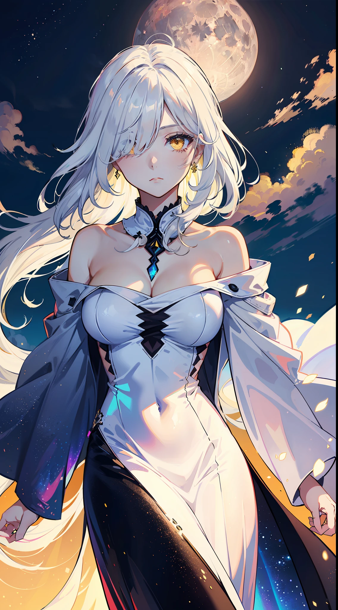 1girl, (detailed yellow eyes:1.2), (white hair:1.35), (long hair:1.2), (hair over one eye:1.2),
she wear (White long holographic dress), 
(Expressionless:1.3),
(night:1.2), above clouds, night sky, (surrounded by clouds:1.3), gradient background, the aurora surrounds the huge moon,