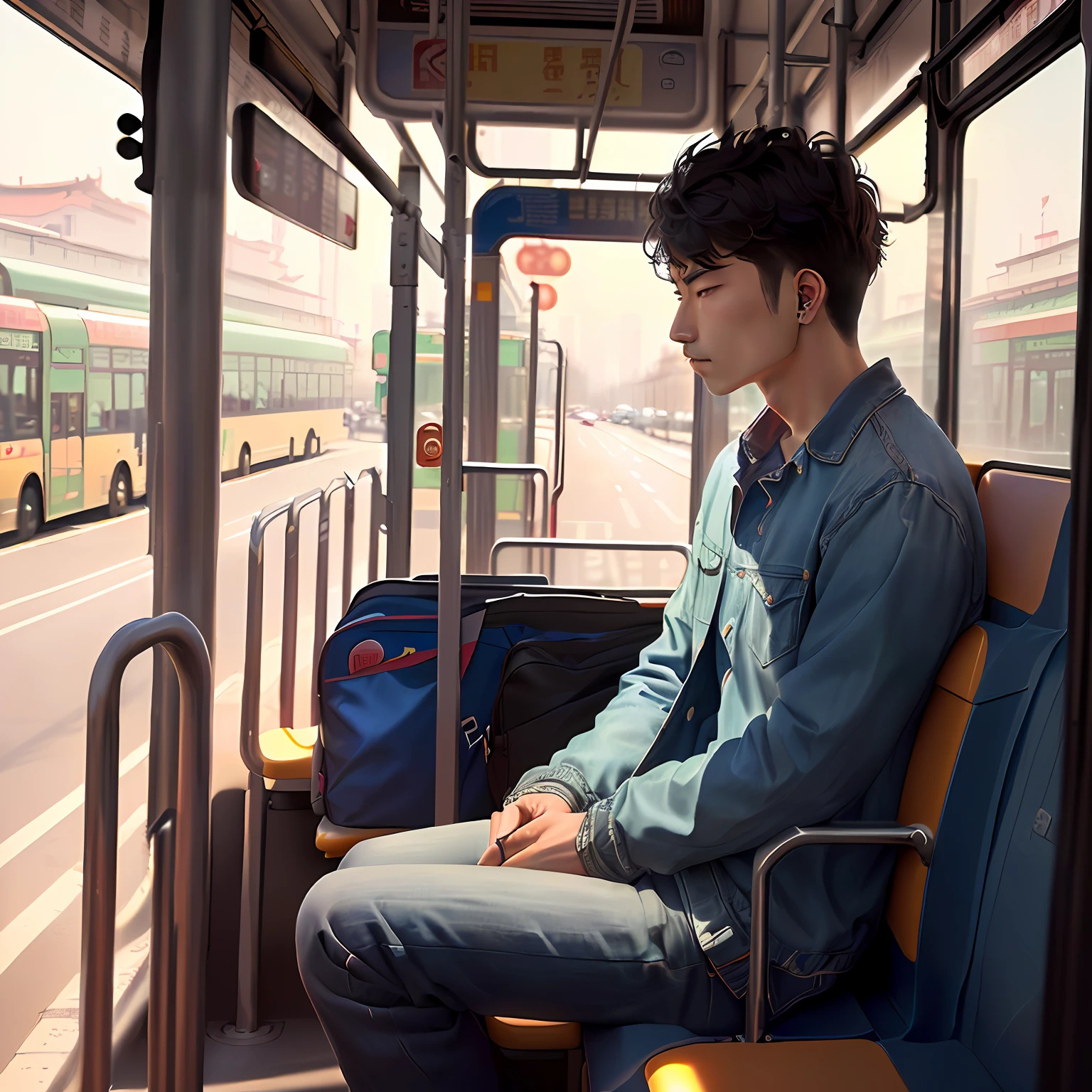 arafed man sitting in a bus looking out the window, a portrait inspired by Cheng Jiasui, instagram, happening, public bus, li zixin, ( ( ( buses, bus, jinyiwei, 4 0 9 6, xiaoguang sun, 4 8 0 p, 480p, beijing, qiangshu