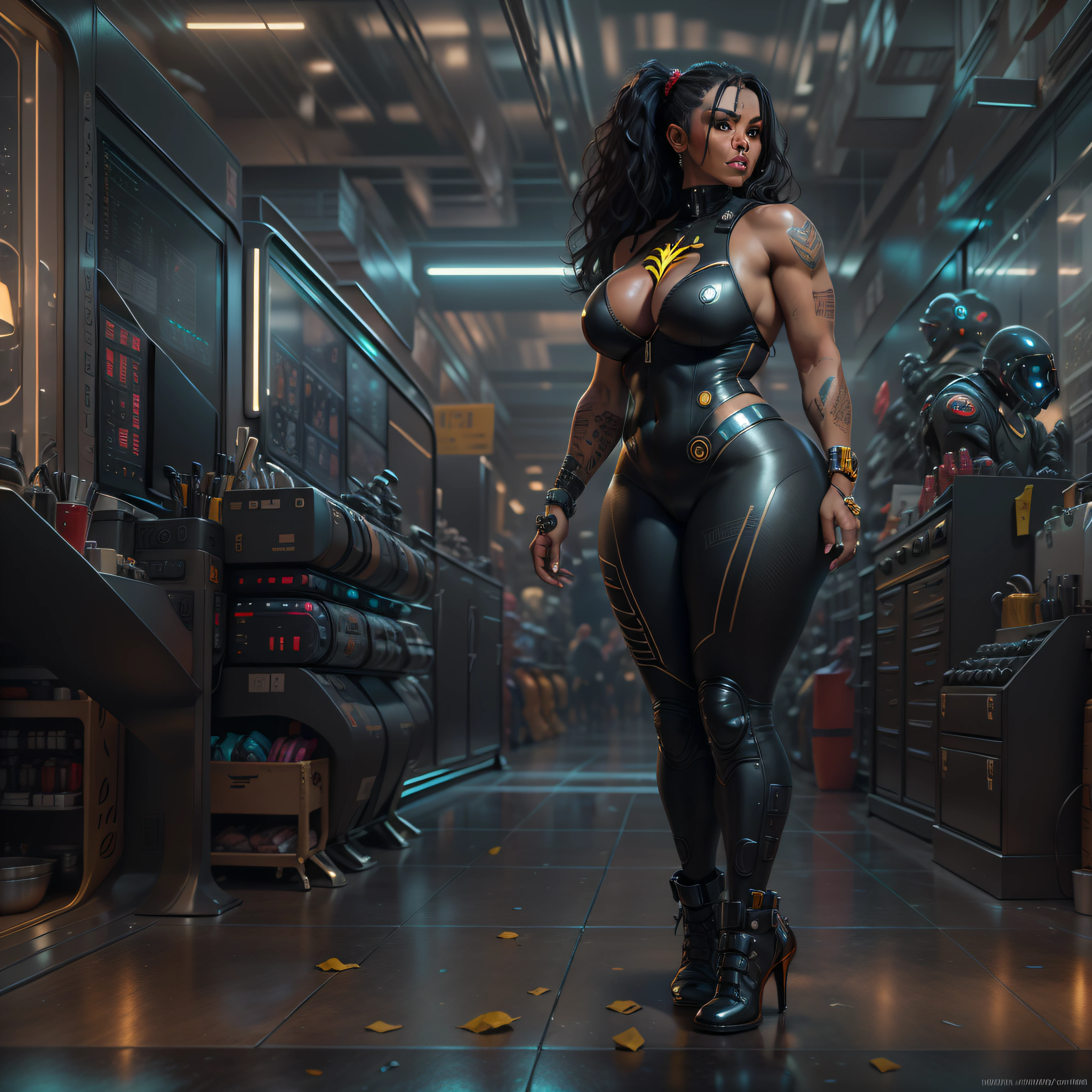There's a woman in a leather bodysuit posing for a photo, thicc, curvy accentuated booty, Cinematic Goddess Body Shot, corpo perfeito fotorrealista, ebony-esque, coxas grossas e lisas, Back from Toned, bodysuit cyberpunk, Cyberpunk 2 0 e. o modelo , ebony skin, noire cena mal-humorada, super detailed rendering