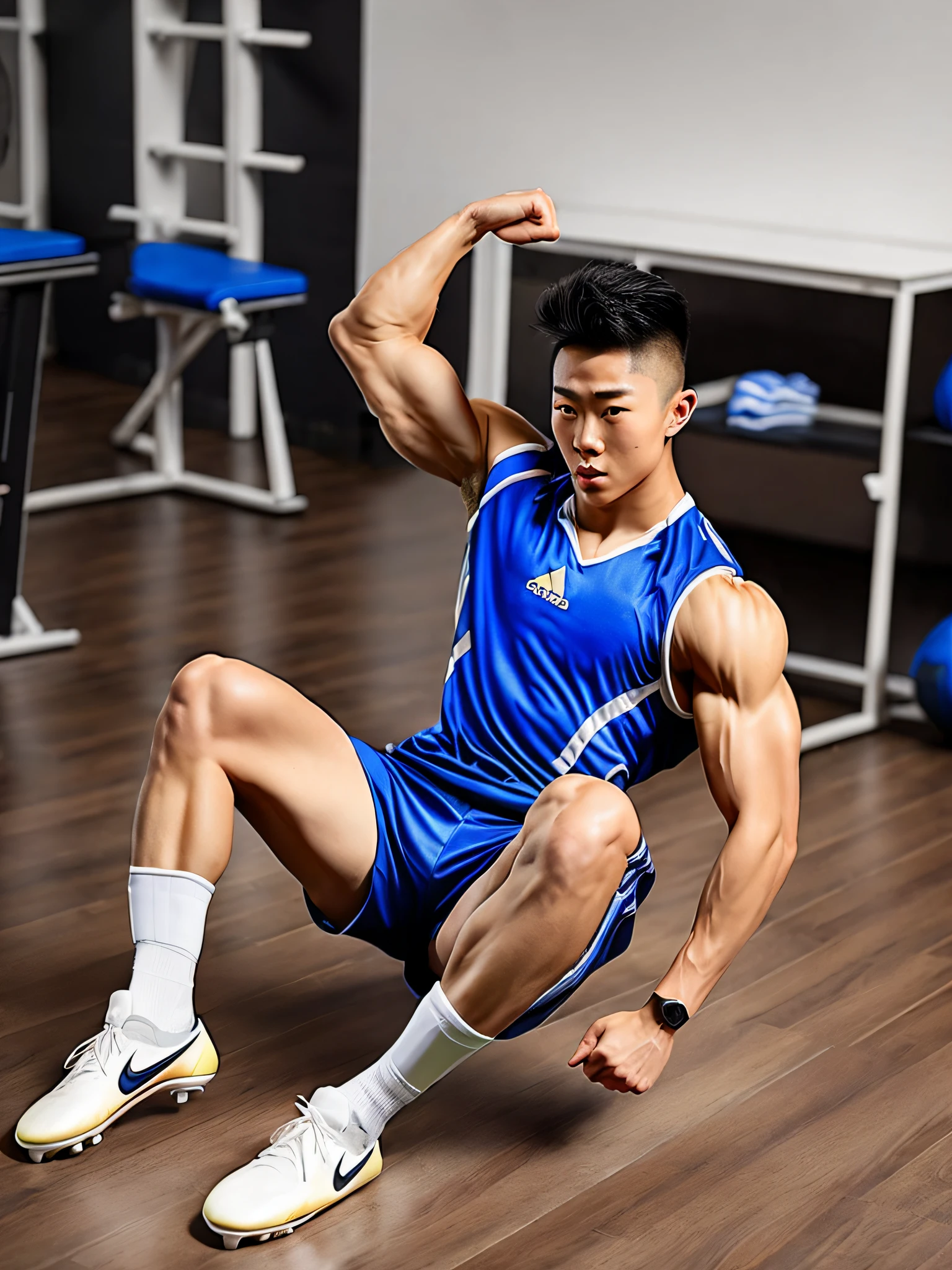realistic photography, a Chinese sportsman, handsome and muscular, (huge pectoral muscle:1.4), 18 years old young, 188cm tall, full body with shoes, Lie on your desk,at class room,Spread your thighs widely, (Hold your hands behind your head:1.4), big and bright eyes, thick eyebrow, Shaved hairstyles on both sides, (cum on body:1.6), (torn clothes:1.4), sleeveless blue and white soccer uniform, compress soccer shorts, white socks, black soccer shoes,