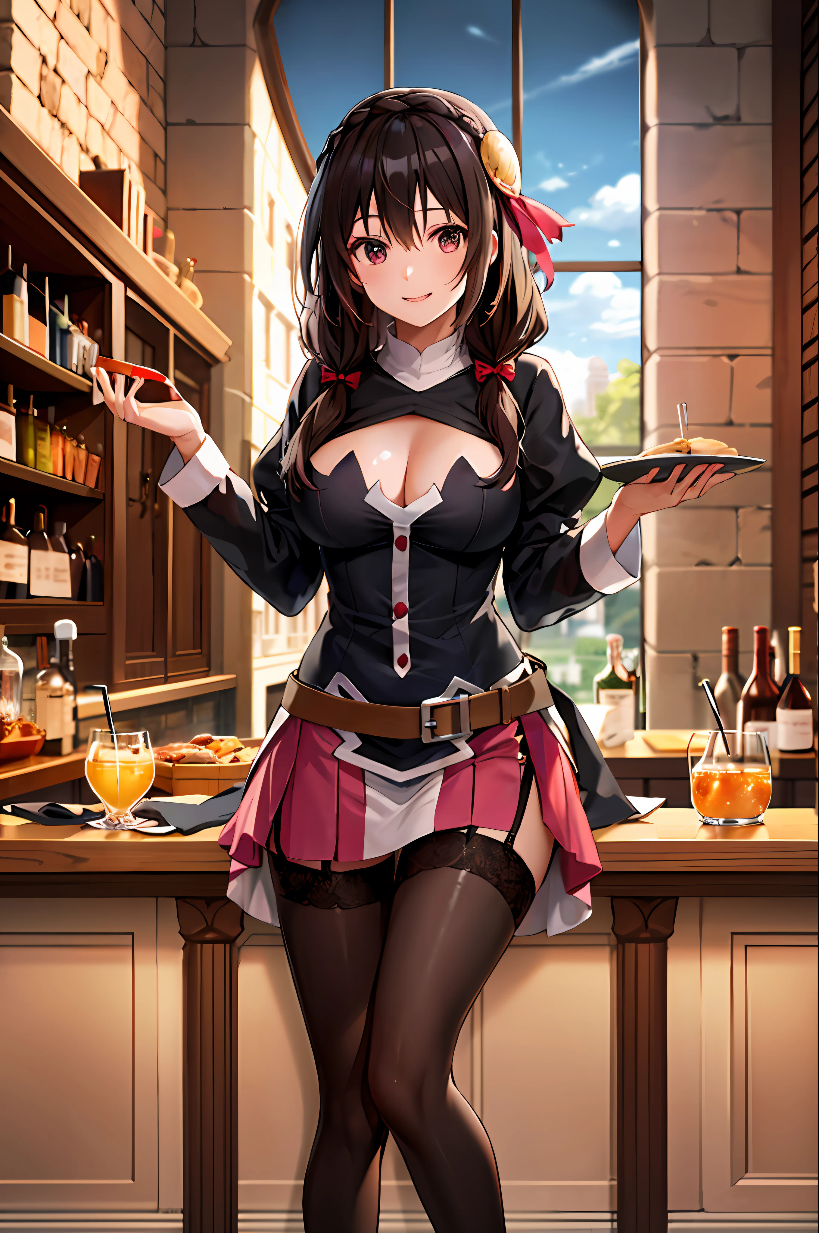 Yunyun, Konosuba, cabello mediano, trenza lateral, trenzas gemelas, ojos rojos, Traje de sirvienta, negro_vestido rojo, Garter belt pantyhose, Corte bajo, escote bajo, mangas hinchadas, Detallado, adorno para el cabello, leather waist belt, rastas, Bandeja de bebidas en una mano, avergonzado, nariz sonrojada, They are smiling, boca abierta, alta calidad, Obra maestra, medieval fantasy, en un bar, Daylight, Windows.