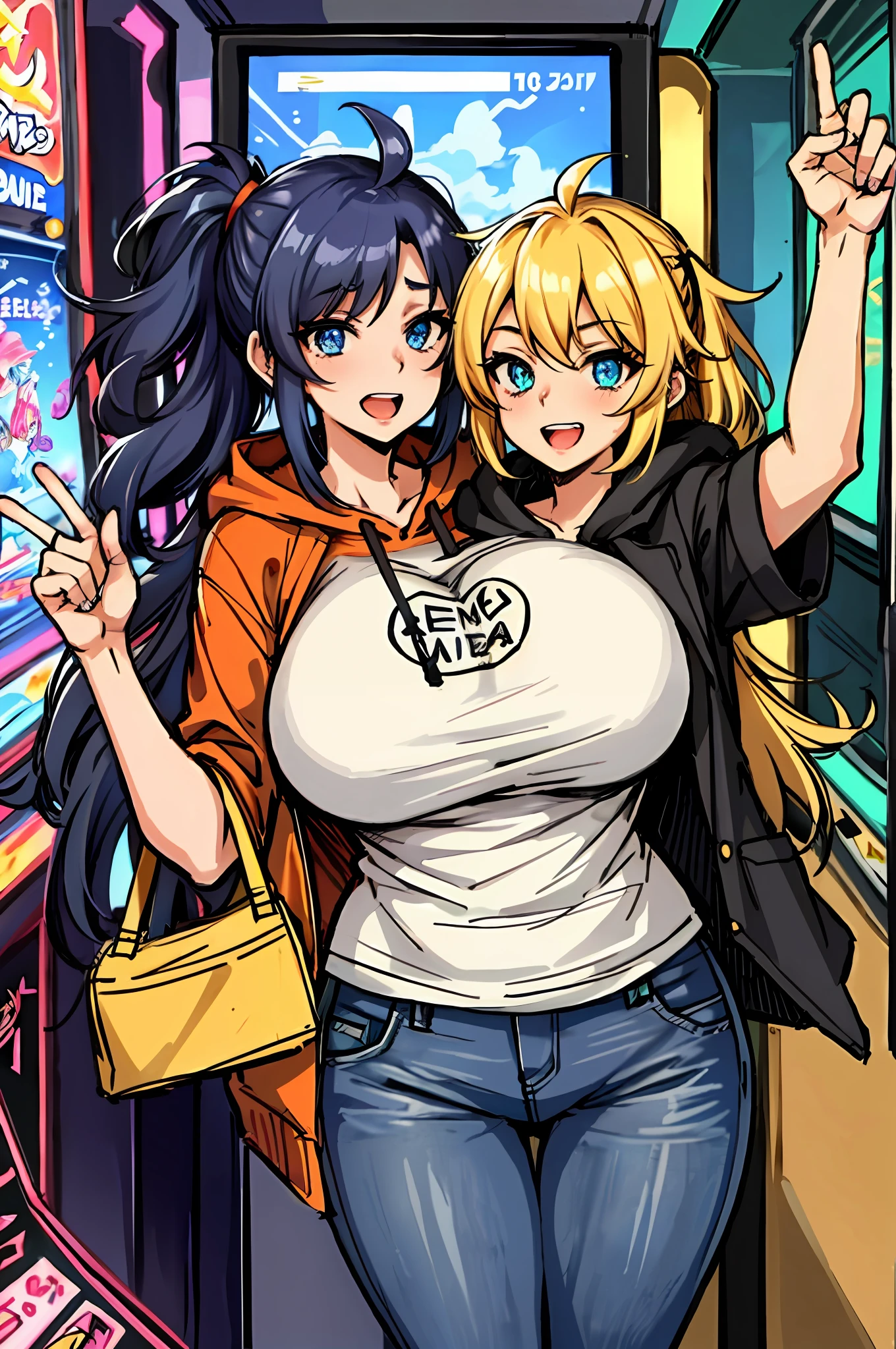 2heads, a short chubby woman with 2 heads. She has enormous breasts. She has messy hair. She looks nerdy. She is wearing a baggy hoodie and jeans. She is in an arcade that is only lit by arcade games. She looks excited. Her breasts are gigantic. 2 heads. Conjoined, two heads.