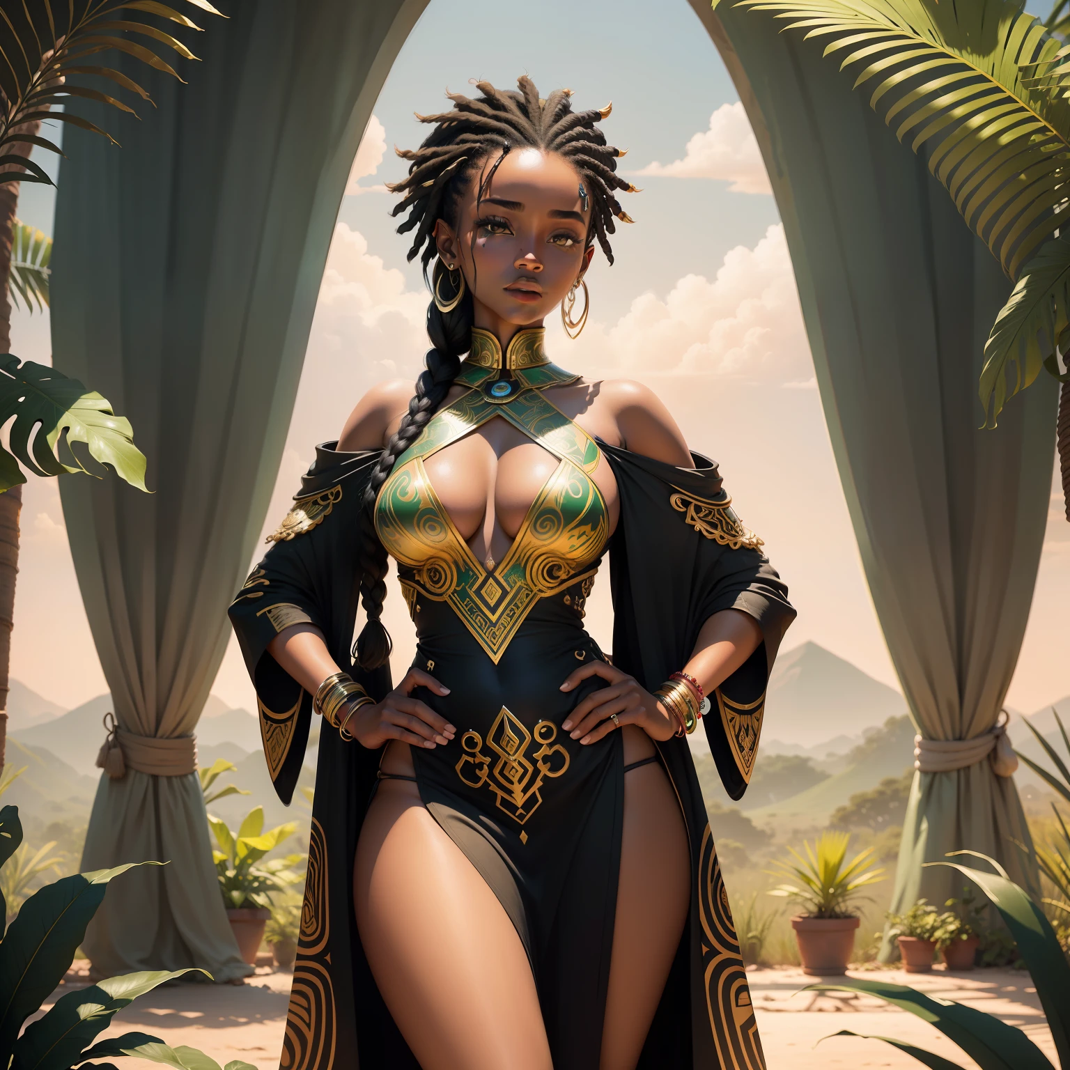 A imagem retrata uma linda jovem negra sentada majestosamente em uma savana africana, in a futuristic setting that mixes modern elements with the exuberant nature of the African continent. The young woman is positioned in the center of the scene, sentada em uma rocha grande e arredondada, which stands out among the lush vegetation around.

The sky above it is painted in vibrant shades of orange and pink, with the stars beginning to shine as the sun sets on the horizon. Uma lua crescente, cercada por um halo suave, begins to appear in the night sky, Adding a magical touch to the scene.

The surrounding savannah is rich in detail, with a variety of futuristically stylized African plants and trees, displaying bright leaves and exotic colors. Ao longe, pode-se ver as sombras das colinas e montanhas, contributing to the sense of breadth and vastness of the landscape.

The young black woman is portrayed with fine and expressive facial features. Her black hair is long, artistically braided and adorned with modern tribal jewelry. Ela usa um vestido elegante, inspirado nas vestimentas tradicionais africanas, mas com elementos futuristas, such as metallic textures and geometric lines in shades of green and gold.

Seus olhos brilham com sabedoria e curiosidade, reflecting the harmony between tradition and innovation. in her hands, holds a technological artifact that merges ancestral elements with futuristic advances, symbolizing the connection between cultural roots and the potential of evolution.

The young woman is surrounded by stylized African animals, which also incorporate futuristic elements into their appearance, without losing its essence. A majestic robotic lion rests beside her, symbolizing strength and protection.

The image is meticulously detailed, with a clear resolution, permitindo apreciar cada aspecto da cena, from the textures of the leaves to the intricate details of the young woman's clothing.

Esta imagem transmite uma mensagem de empoderamento, union of