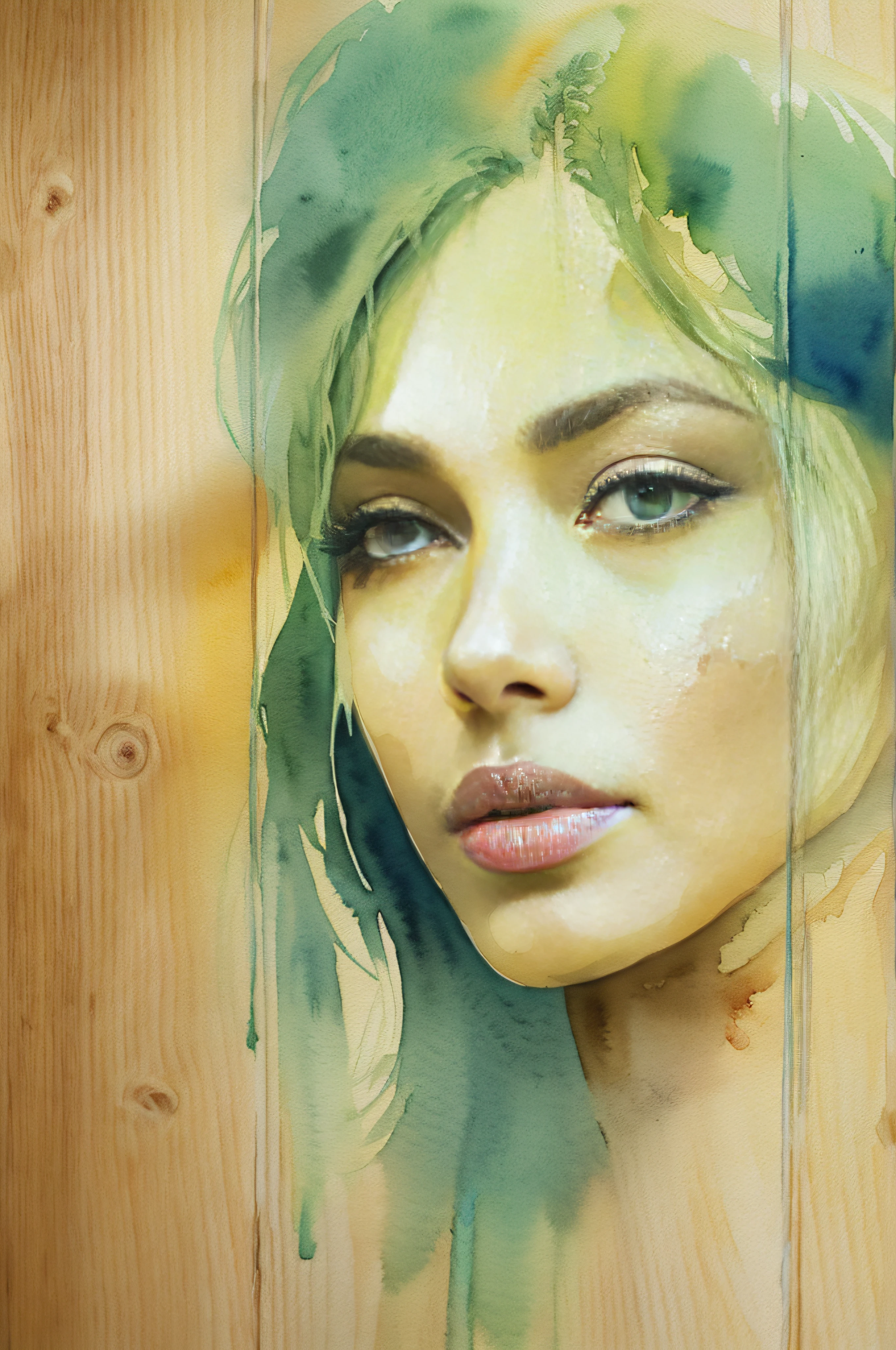 luxury painted wall, realistic, Minimal Woman Face Illustration, watercolor style, art medium wood