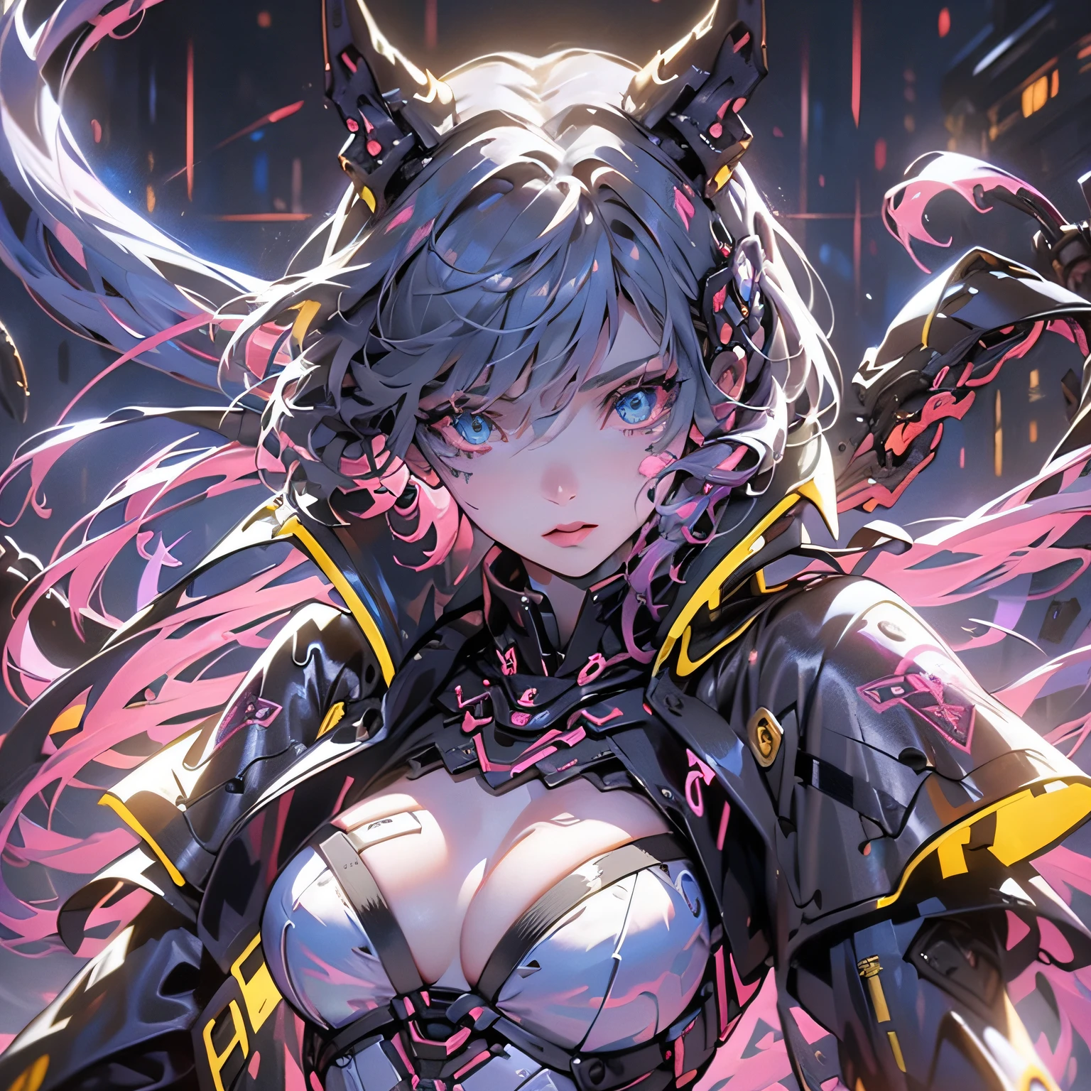 The best picture quality，Optimal lighting and shadow effects，The mech is slender and elegant，The mysterious atmosphere is filled with fog。The metallic luster has increased by 20% compared to usual%，The fledgling girl was there，Shining in the shimmer，She has blue eyes and purple hair。The whole scene takes place at night。