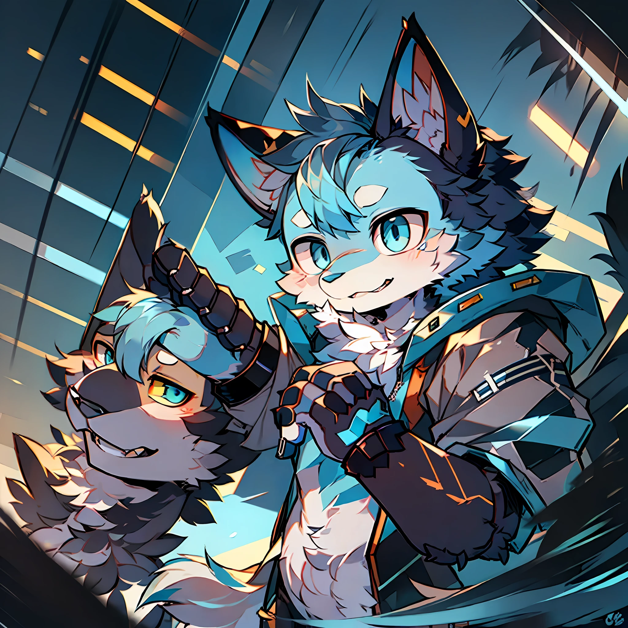 Furry Blue Cat，half-mechanical，Mechanical right eye，Cyber，shoun，shaggy，Two ears，Left-handed robotic arm