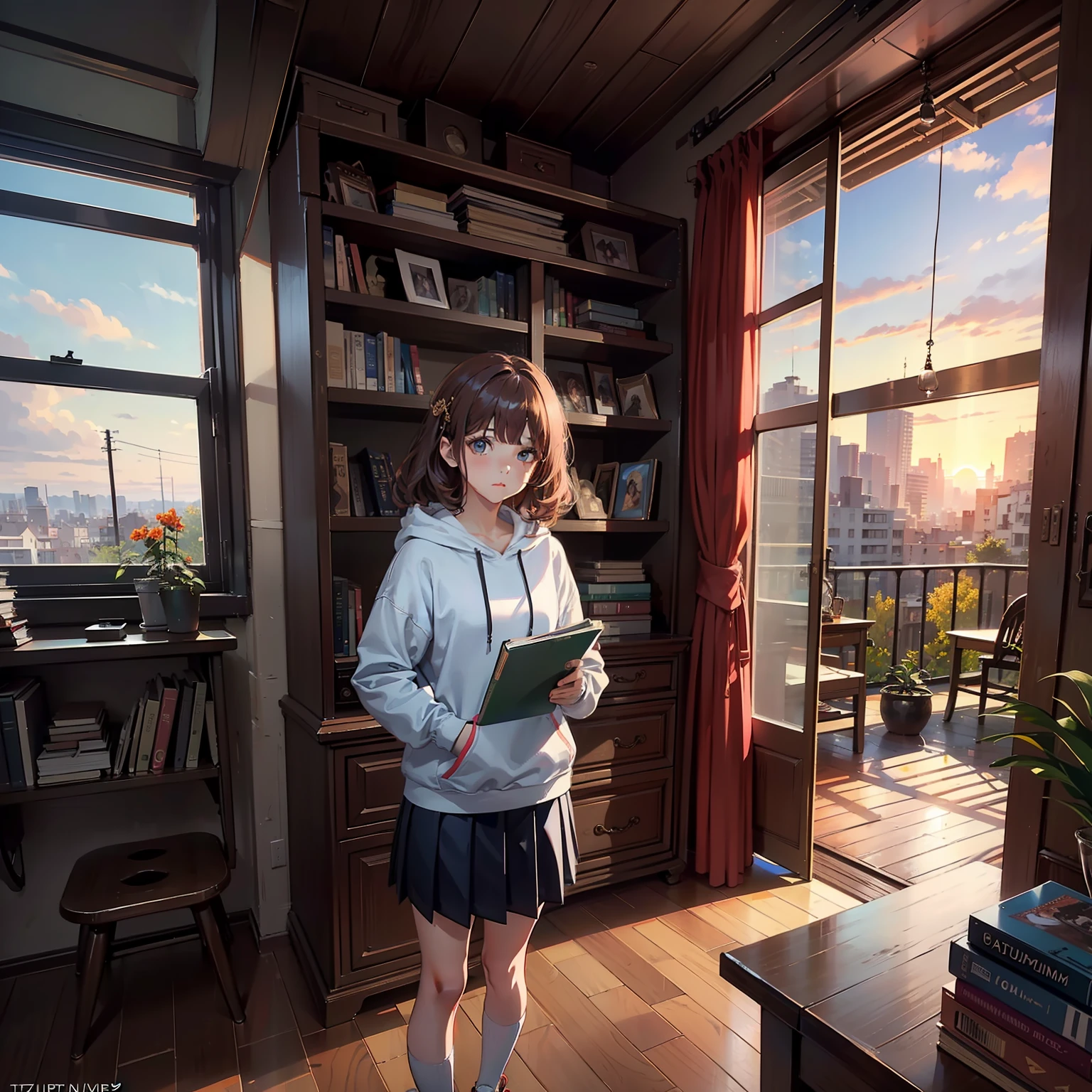 dreamlikeart,(ins style: 1.5), (masterpiece), 8k wallpaper, illustration, 1 girl, 25 years old,(solo: 1.5), (red perm), (hair accessories), (standing, windowsill, (real complex indoor environment: 1.4), [warm Light], (the bookshelf is full of books), (tsundere face: 1), [hoodie top], [hoodie skirt], (pleated), (flare mouth), (rich colors) ,[white stockings], (sneakers), [the setting sun is outside the window], [holding a book in hand], [(gazing)|(horizontal viewing angle)], (dynamic angle), (light), (daytime :1.3), [(window behind) )|(interior detailed furniture)], (quiet atmosphere), (peaceful), [(tranquil)|(real window view)], (special, best aesthetic, New, Latest, Best Quality, Masterpiece, Very Detailed:1.2 ),ulzzang-6500-v1.1,(nikon RAW photo,Fujifilm XT3),