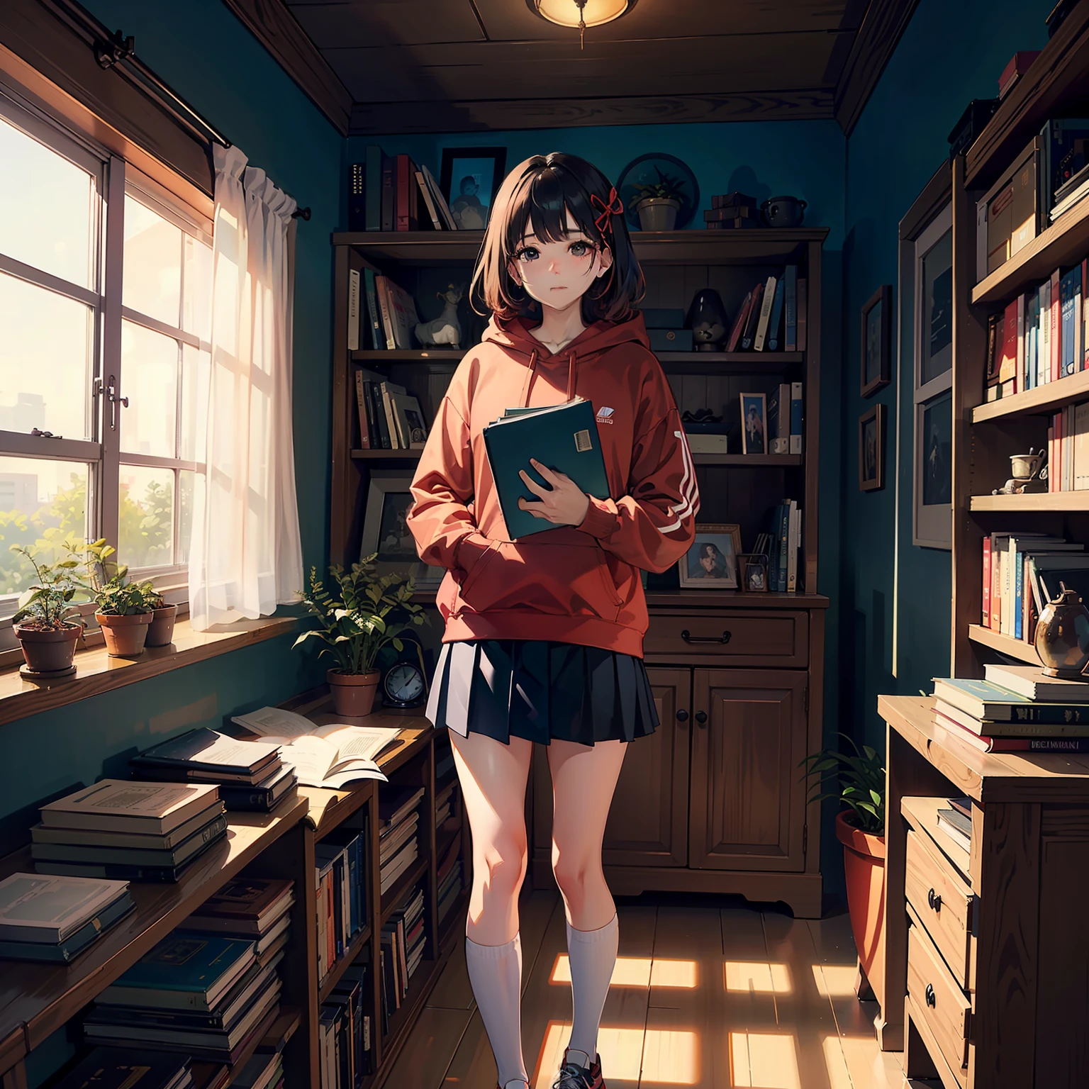 dreamlikeart,(ins style: 1.5), (masterpiece), 8k wallpaper, illustration, 1 girl, 25 years old,(solo: 1.5), (red perm), (hair accessories), (standing, windowsill, (real complex indoor environment: 1.4), [warm Light], (the bookshelf is full of books), (tsundere face: 1), [hoodie top], [hoodie skirt], (pleated), (flare mouth), (rich colors) ,[white stockings], (sneakers), [the setting sun is outside the window], [holding a book in hand], [(gazing)|(horizontal viewing angle)], (dynamic angle), (light), (daytime :1.3), [(window behind) )|(interior detailed furniture)], (quiet atmosphere), (peaceful), [(tranquil)|(real window view)], (special, best aesthetic, New, Latest, Best Quality, Masterpiece, Very Detailed:1.2 ),ulzzang-6500-v1.1,(nikon RAW photo,Fujifilm XT3),